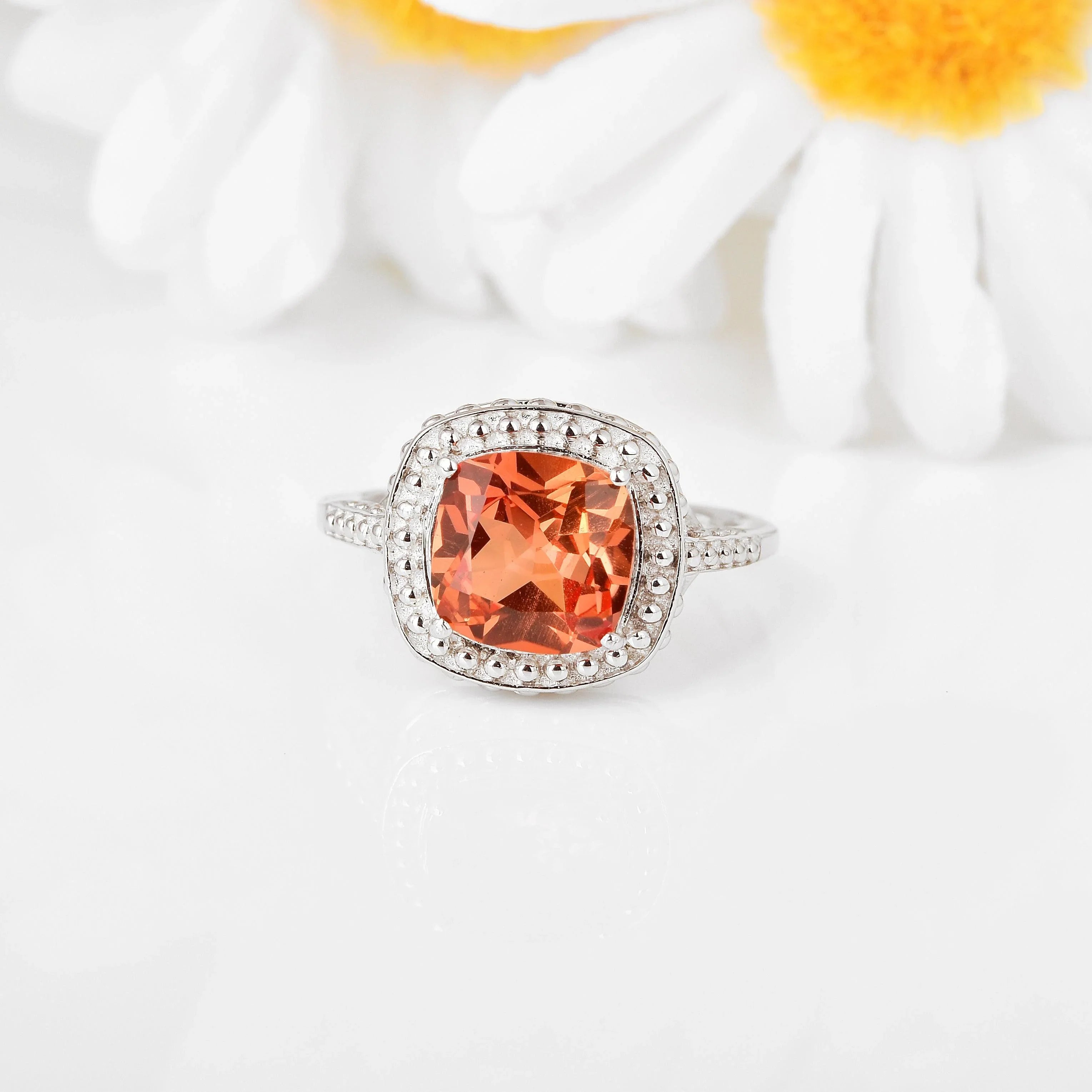 Peach Sapphire Cushion Ring - Fine Diamond