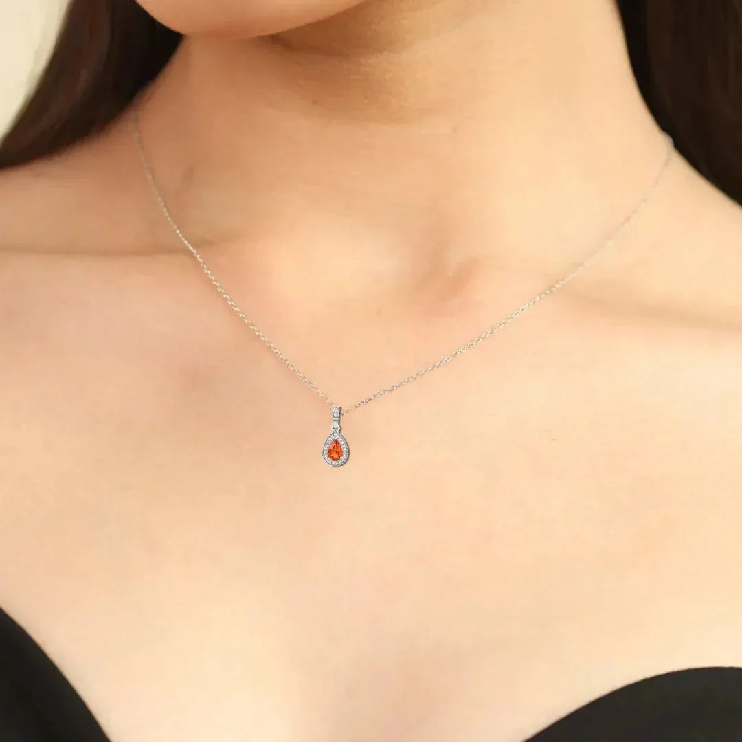 Peach sapphire Teardrop Pendant Necklace - Fine Diamond