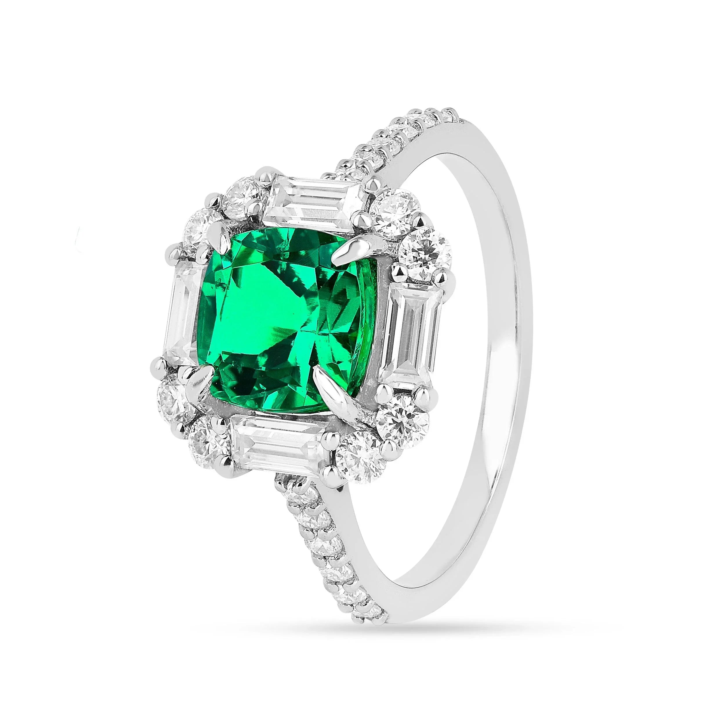 Colombian Created Emerald Cushion Halo Ring - Fine Diamond