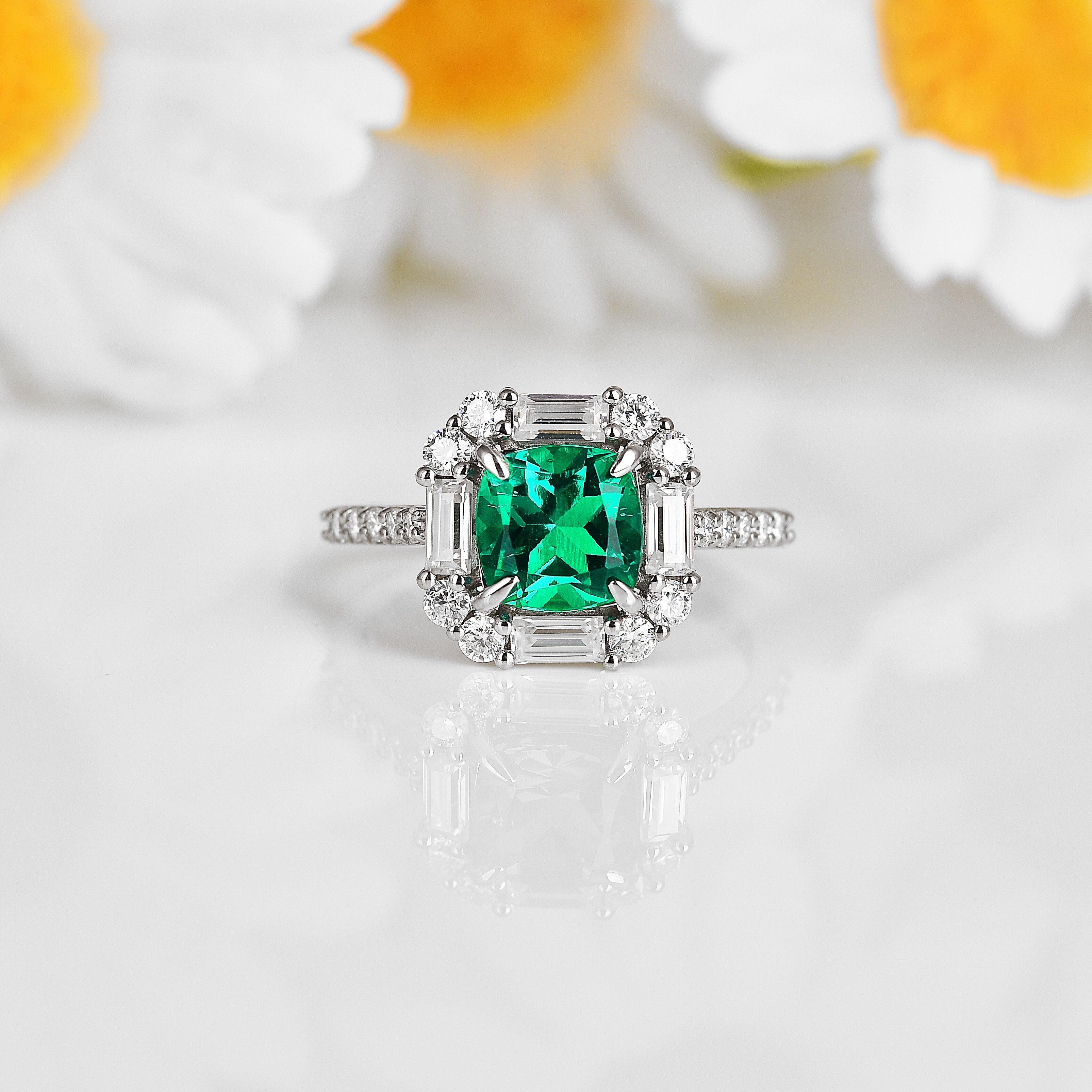 Colombian Created Emerald Cushion Halo Ring - Fine Diamond