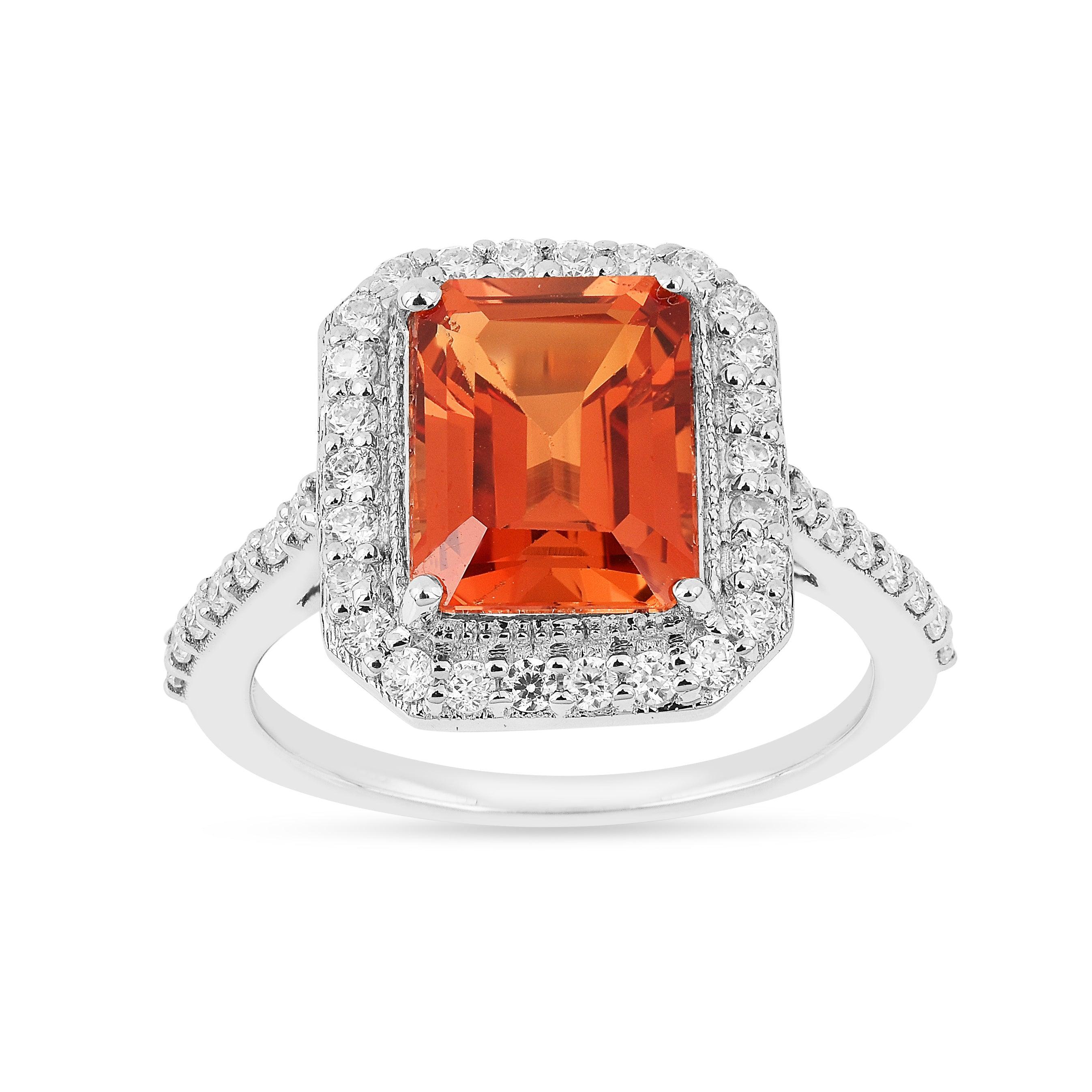 Octagon Peach Sapphire Halo Ring - Fine Diamond
