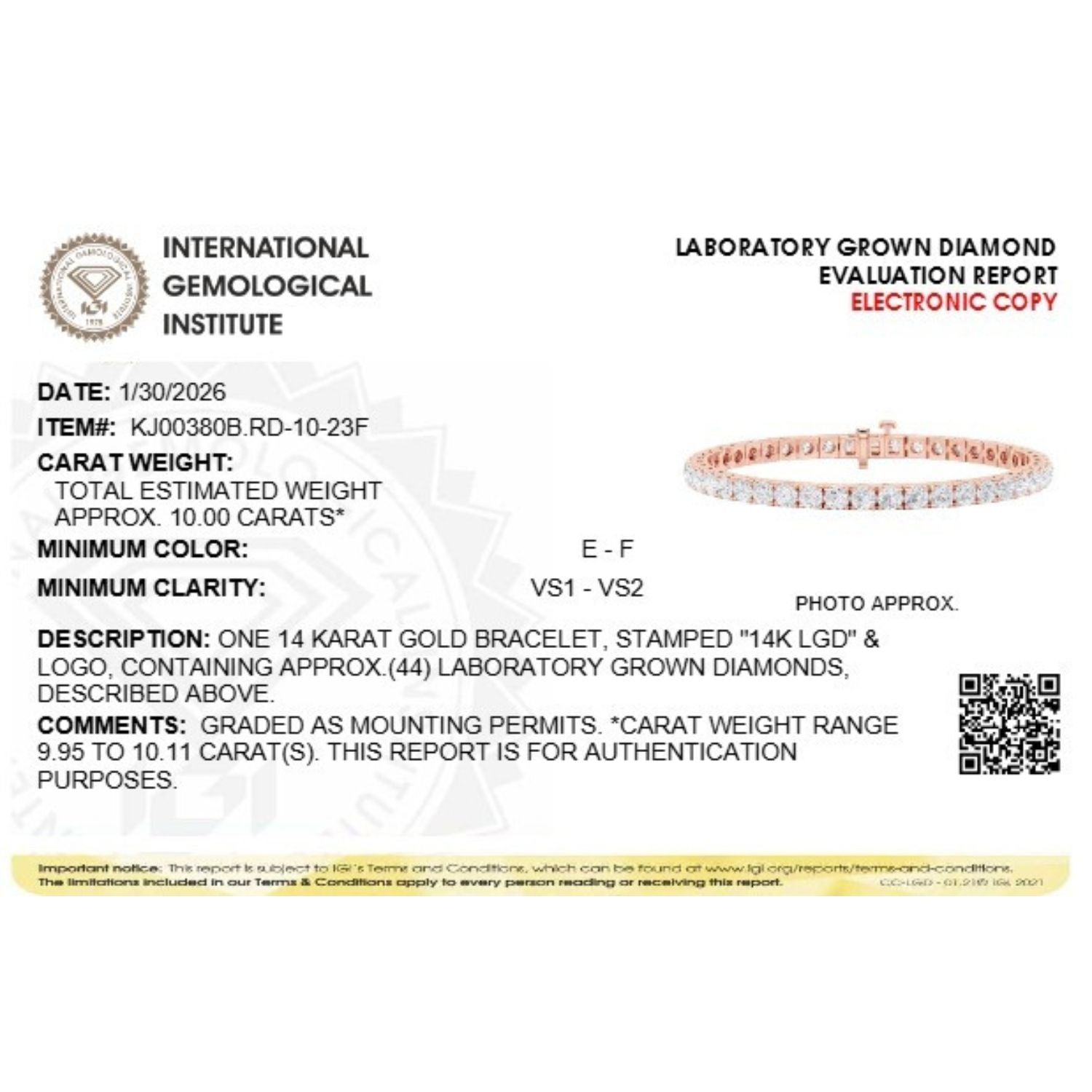 Round Lab Grown Diamond (F/VS) Bracelet in 14K Gold