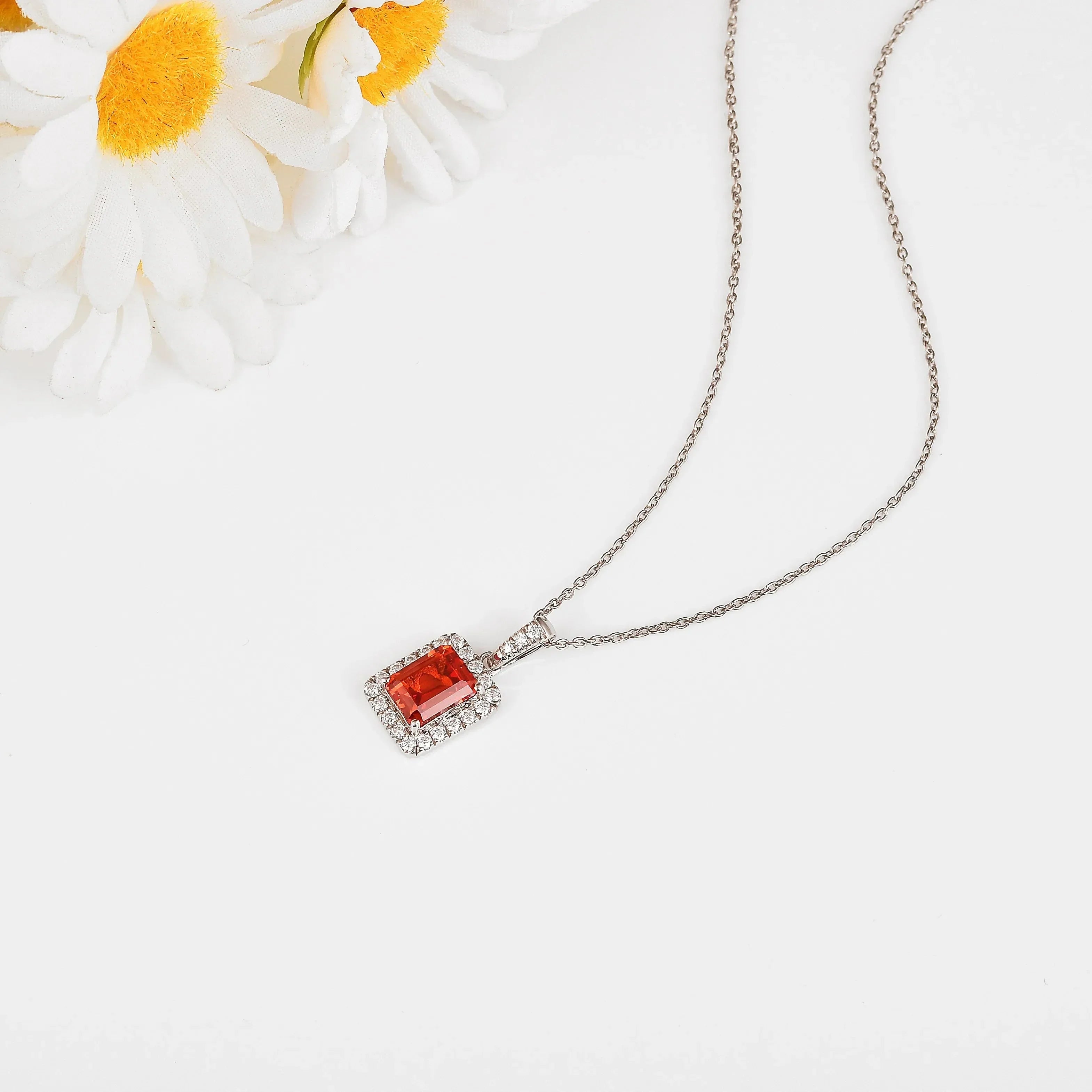 Octagon Peach Sapphire Halo Pendant Necklace - Fine Diamond