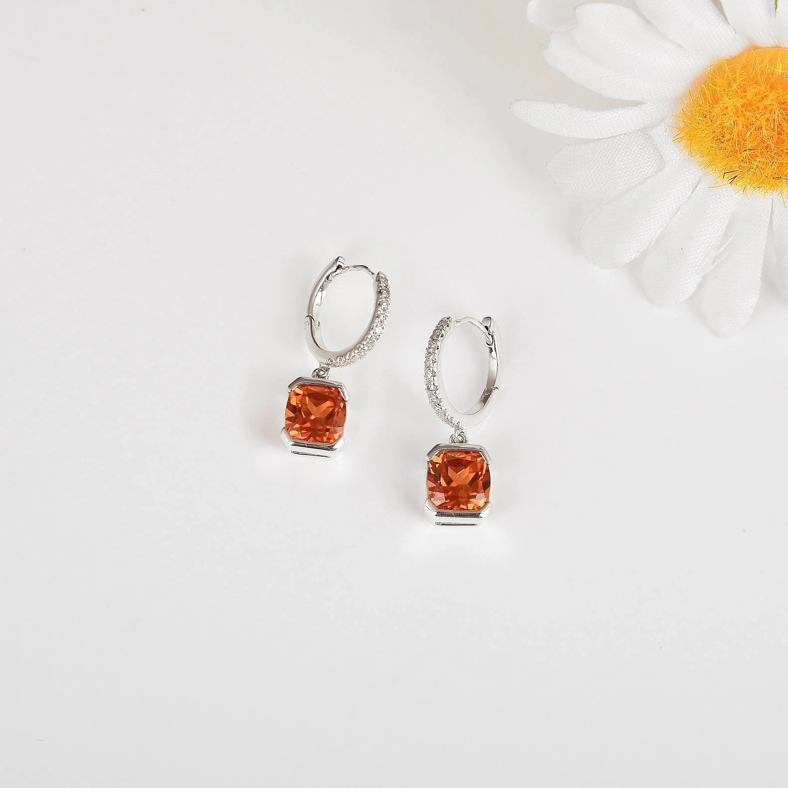 Peach Sapphire Drop Hoop Earrings - Fine Diamond