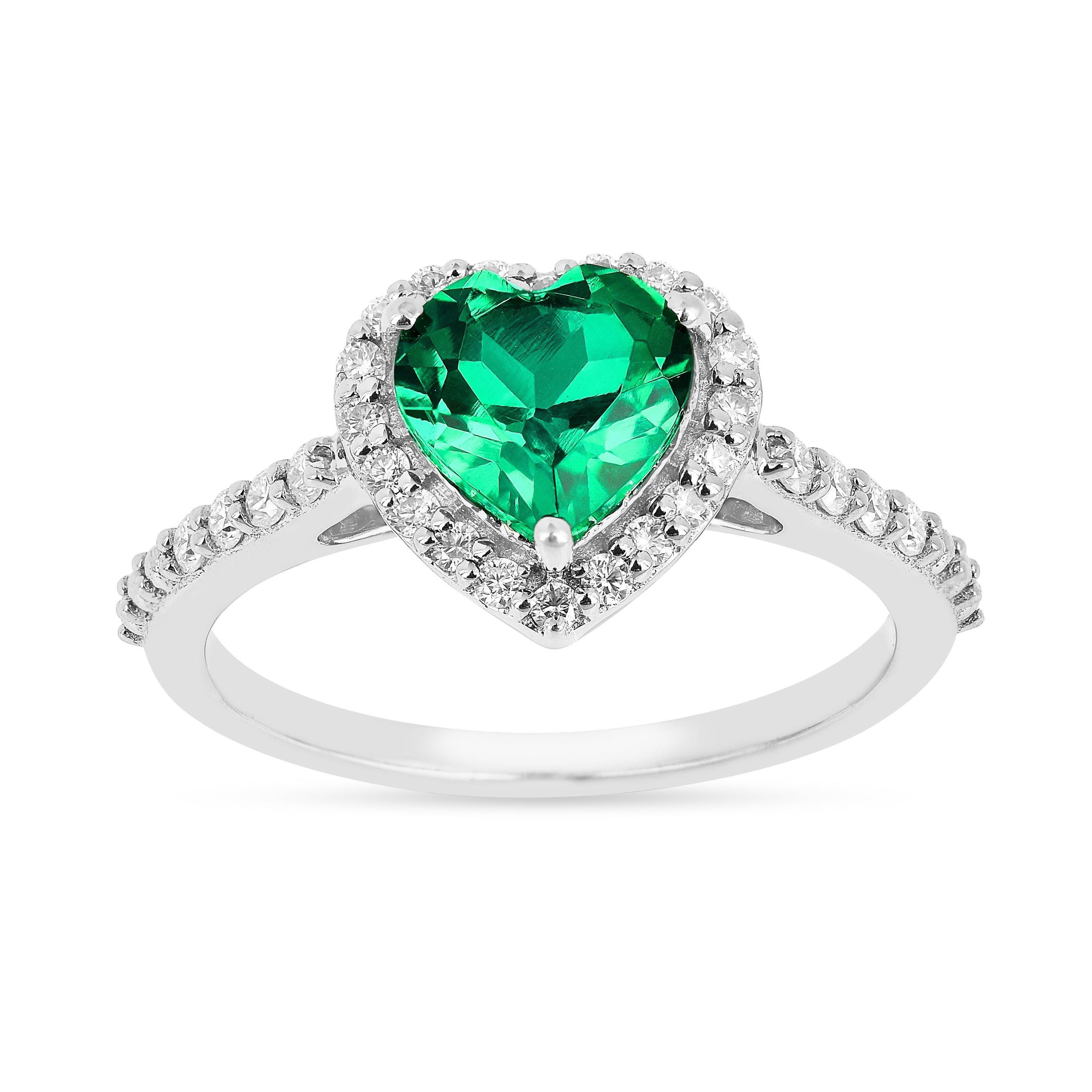 Colombian Created Emerald Halo Heart Ring - Fine Diamond