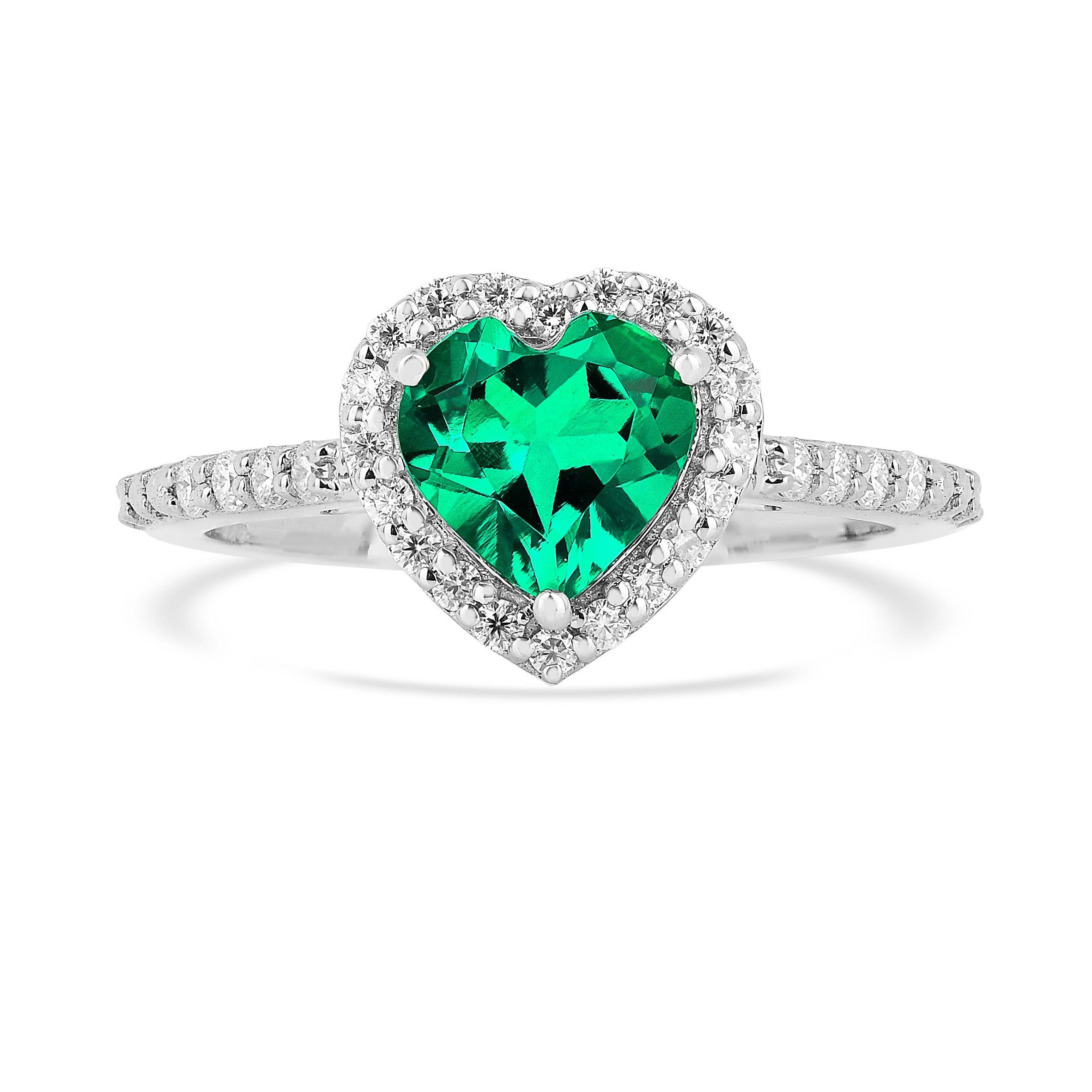 Colombian Created Emerald Halo Heart Ring - Fine Diamond