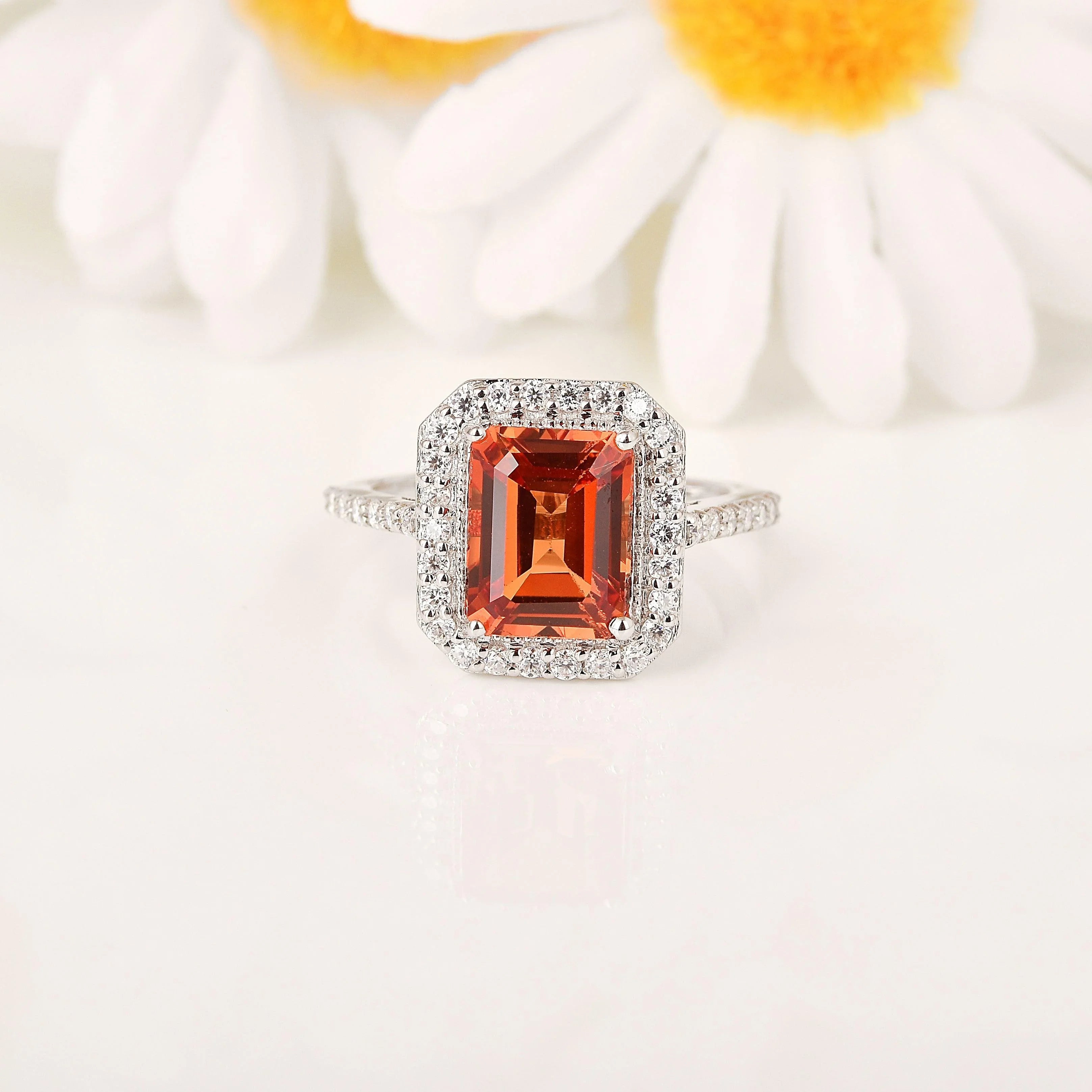 Octagon Peach Sapphire Halo Ring - Fine Diamond