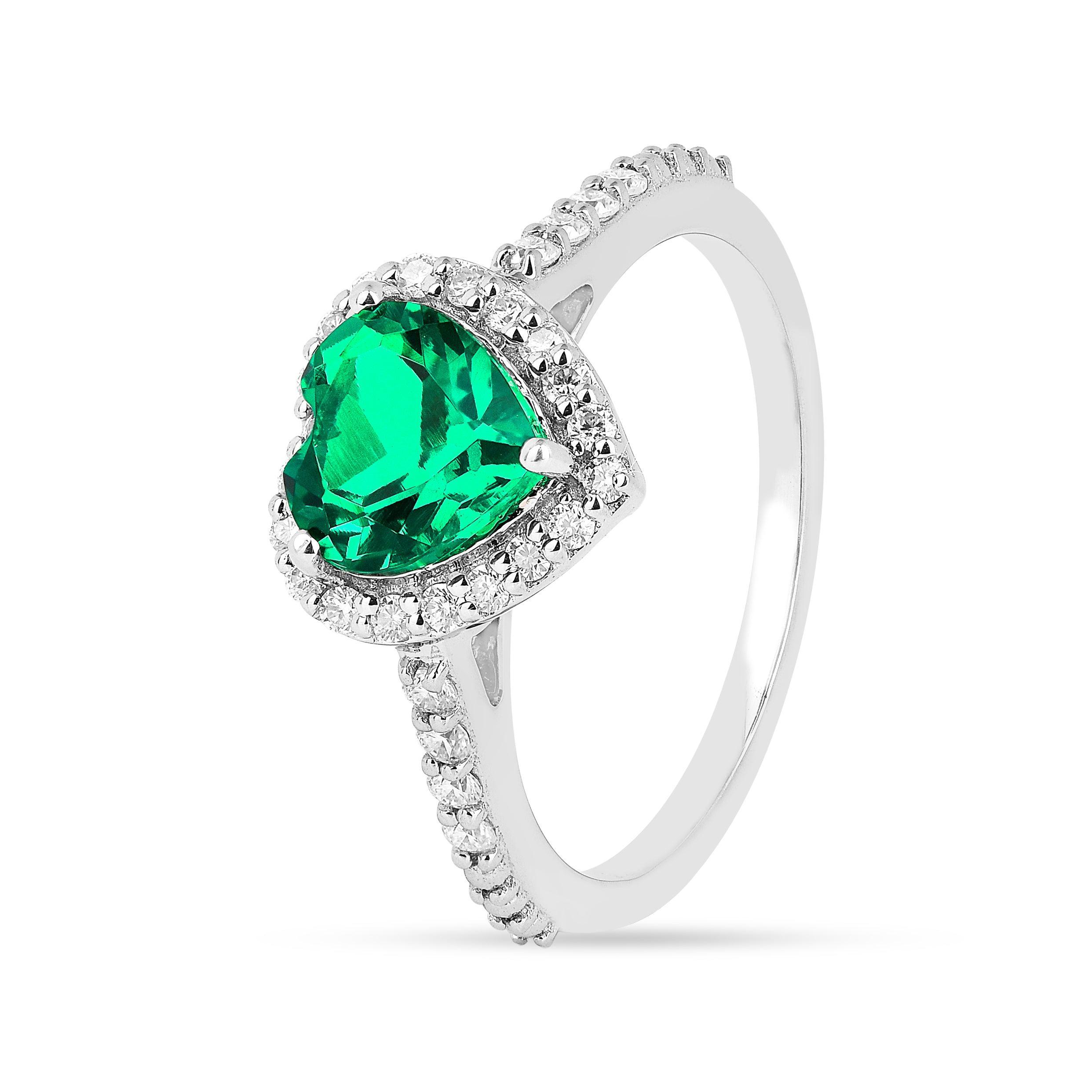 Colombian Created Emerald Halo Heart Ring - Fine Diamond