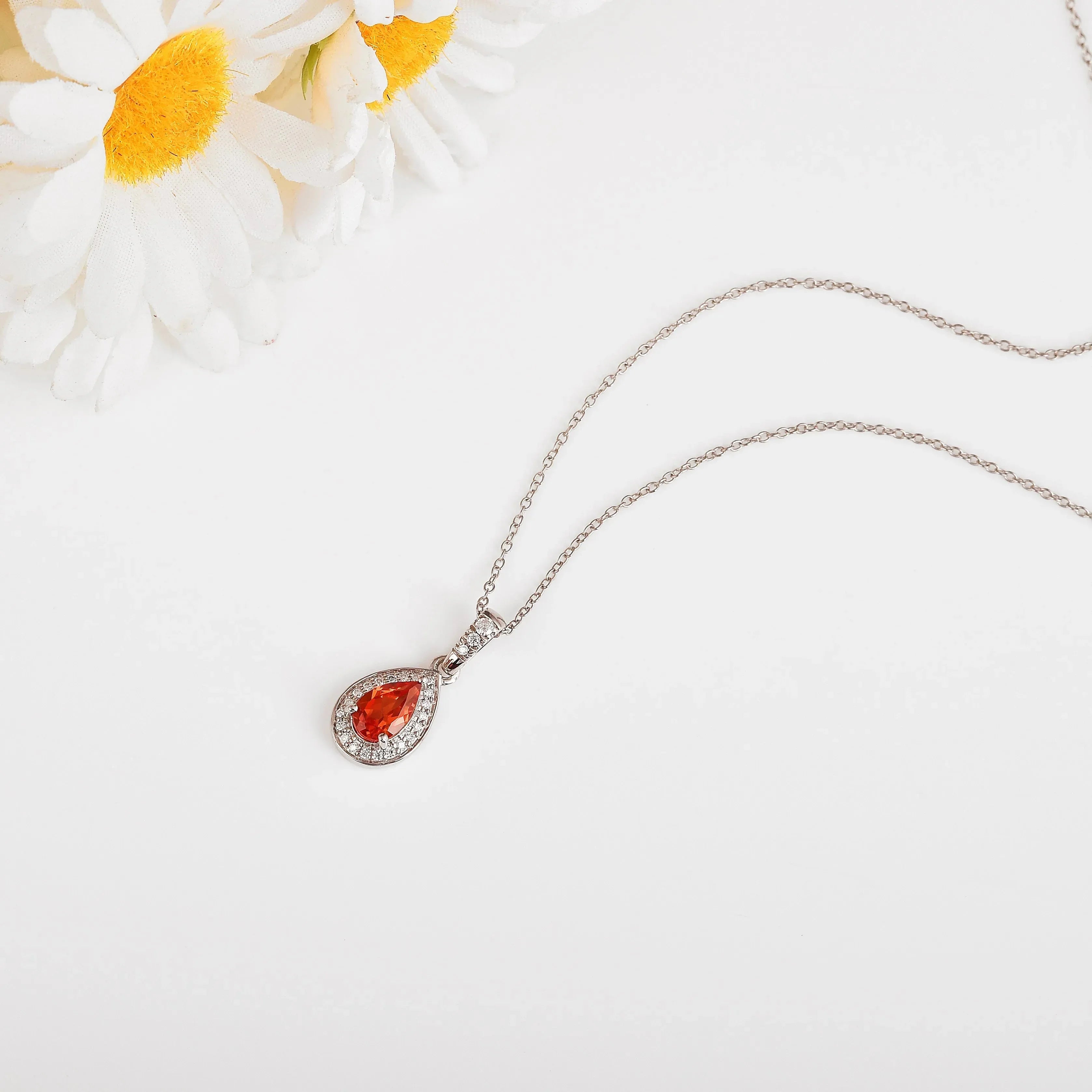 Peach sapphire Teardrop Pendant Necklace - Fine Diamond