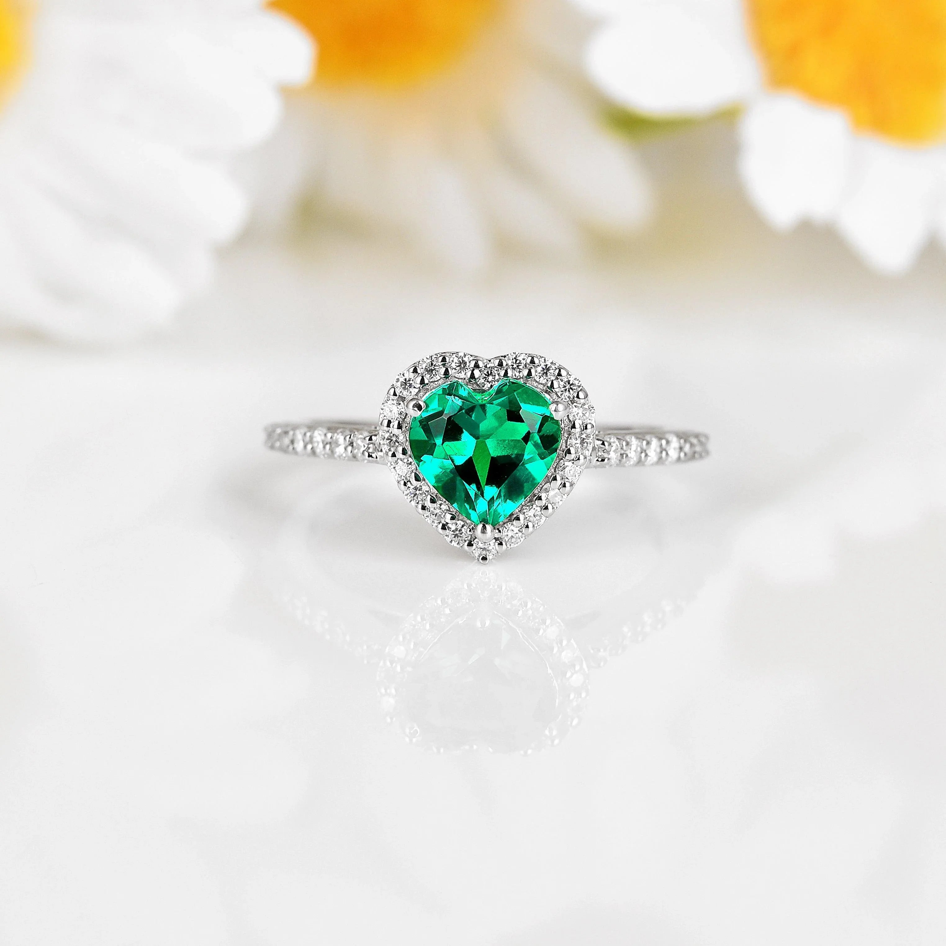 Colombian Created Emerald Halo Heart Ring - Fine Diamond