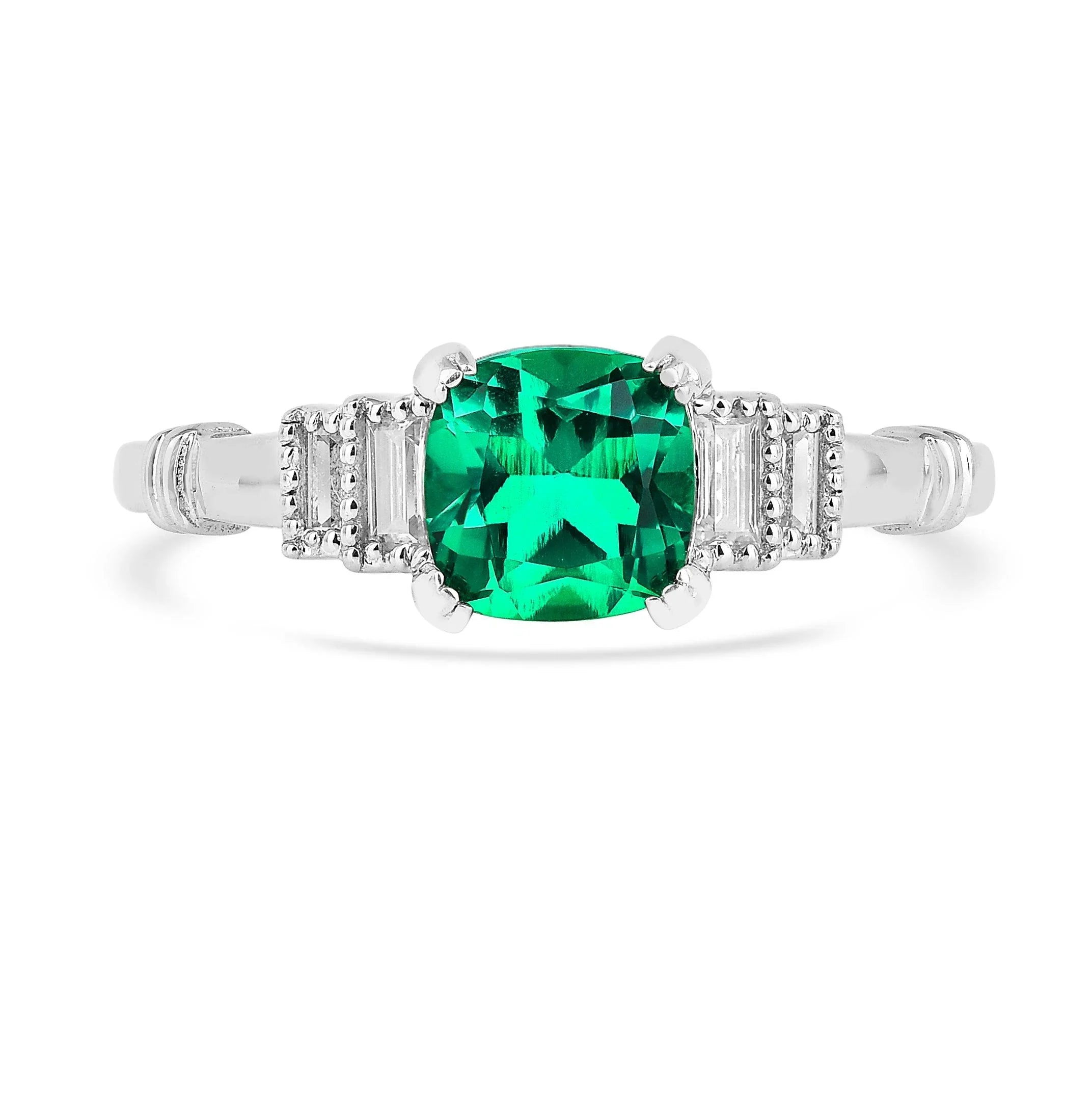 Colombian Created Emerald Five Stone Ring - Fine Diamond