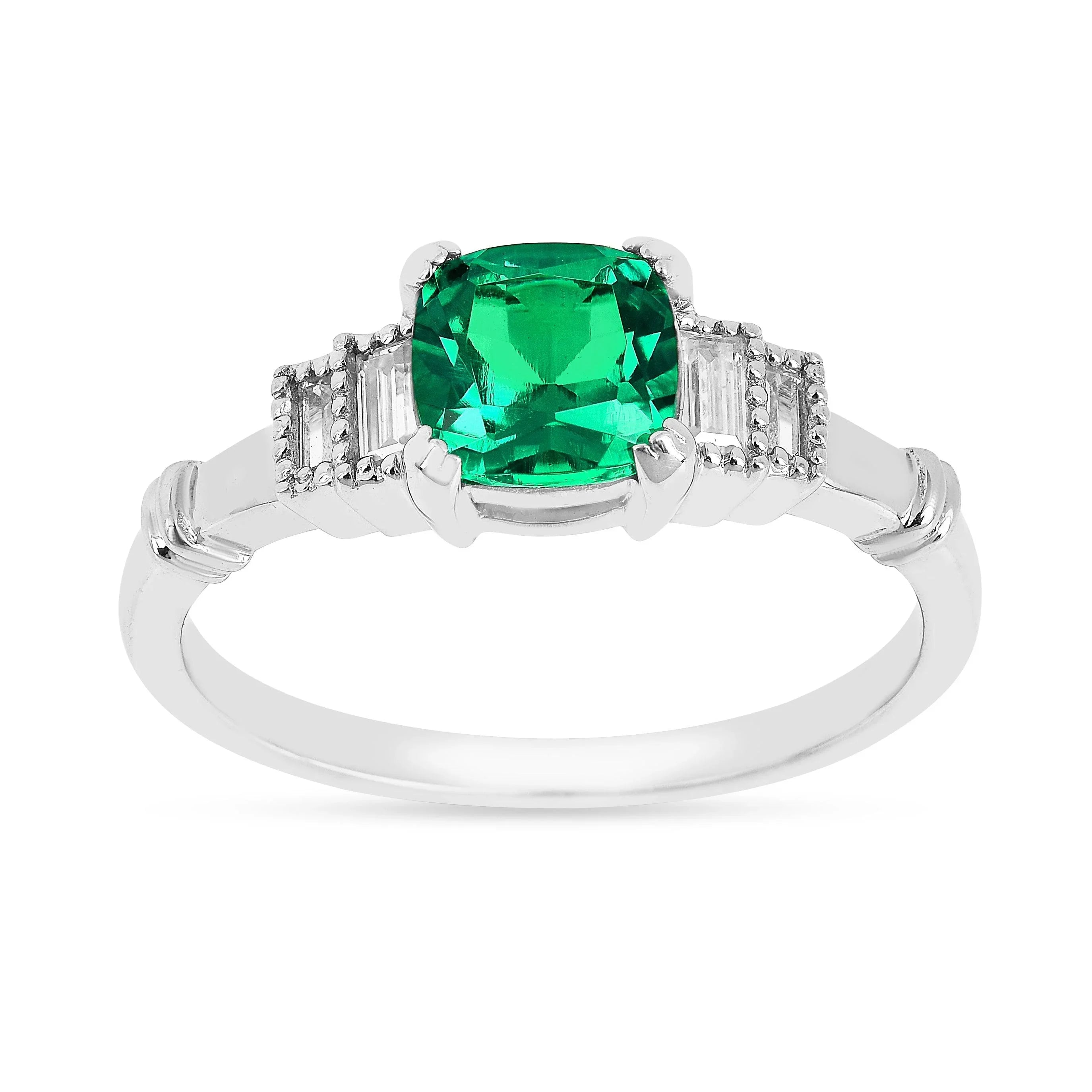 Colombian Created Emerald Five Stone Ring - Fine Diamond
