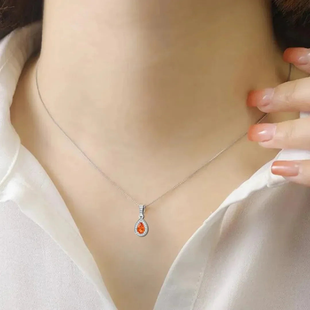 Peach sapphire Teardrop Pendant Necklace - Fine Diamond