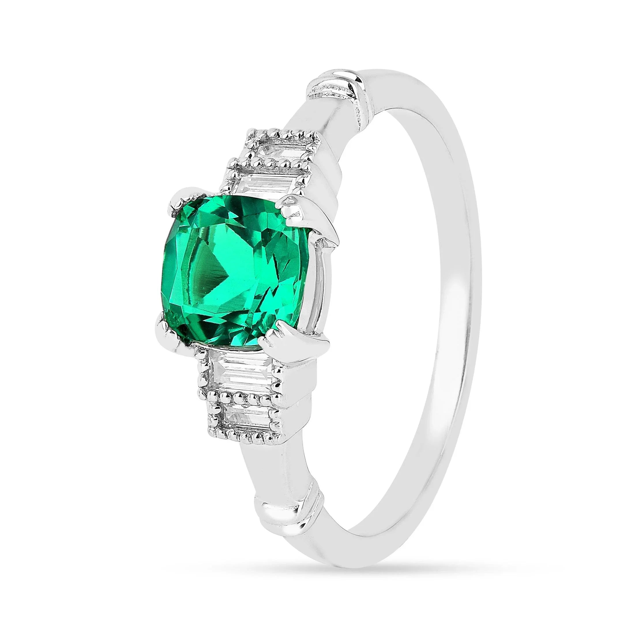Colombian Created Emerald Five Stone Ring - Fine Diamond