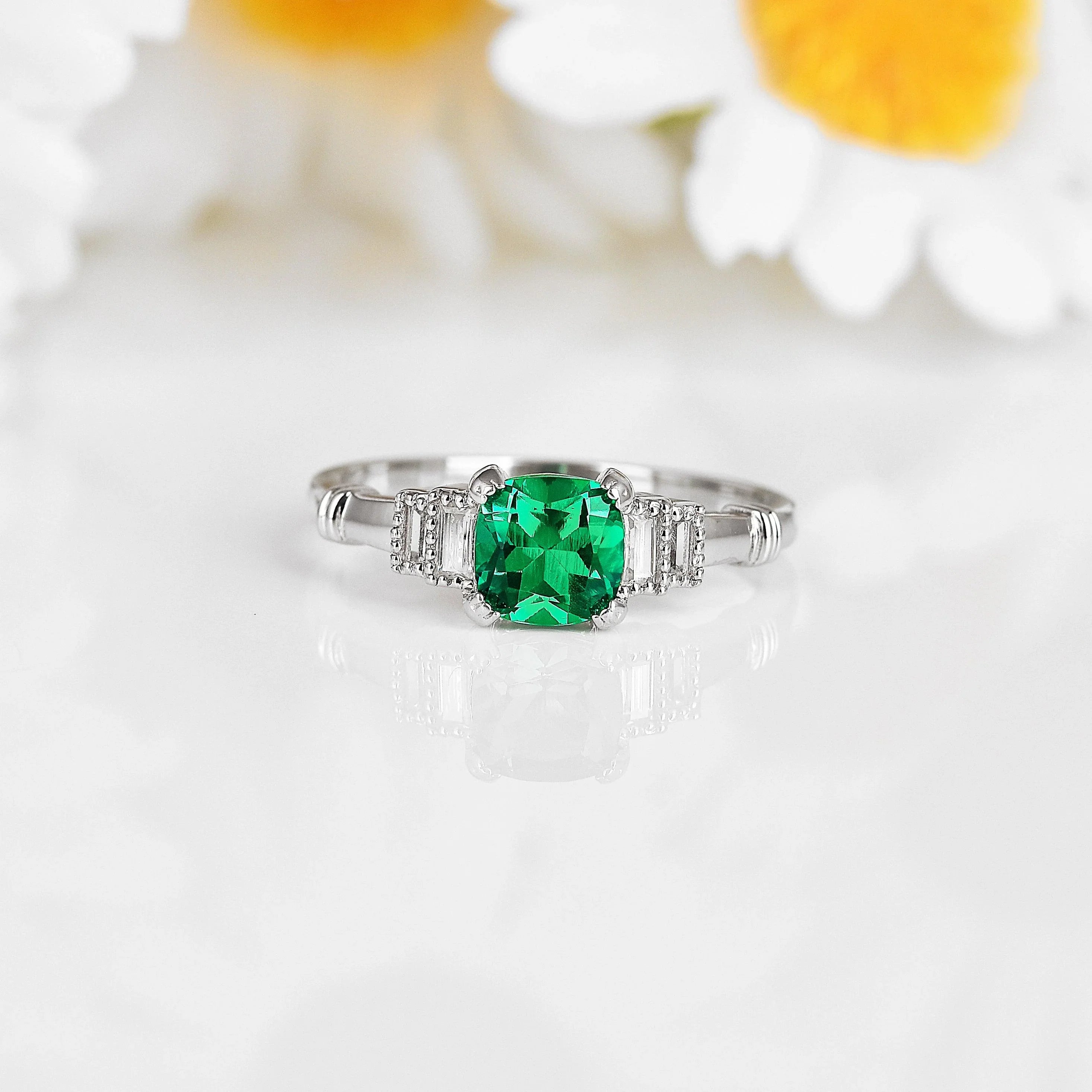 Colombian Created Emerald Five Stone Ring - Fine Diamond