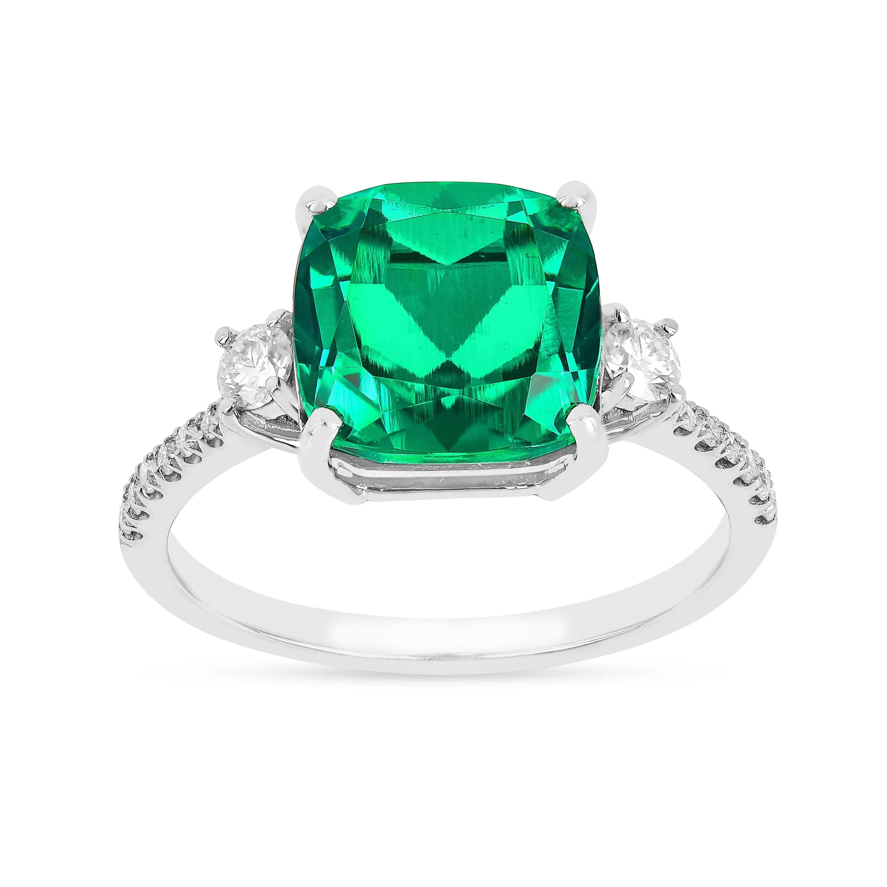 Colombian Created Emerald Three Stone Ring - Fine Diamond