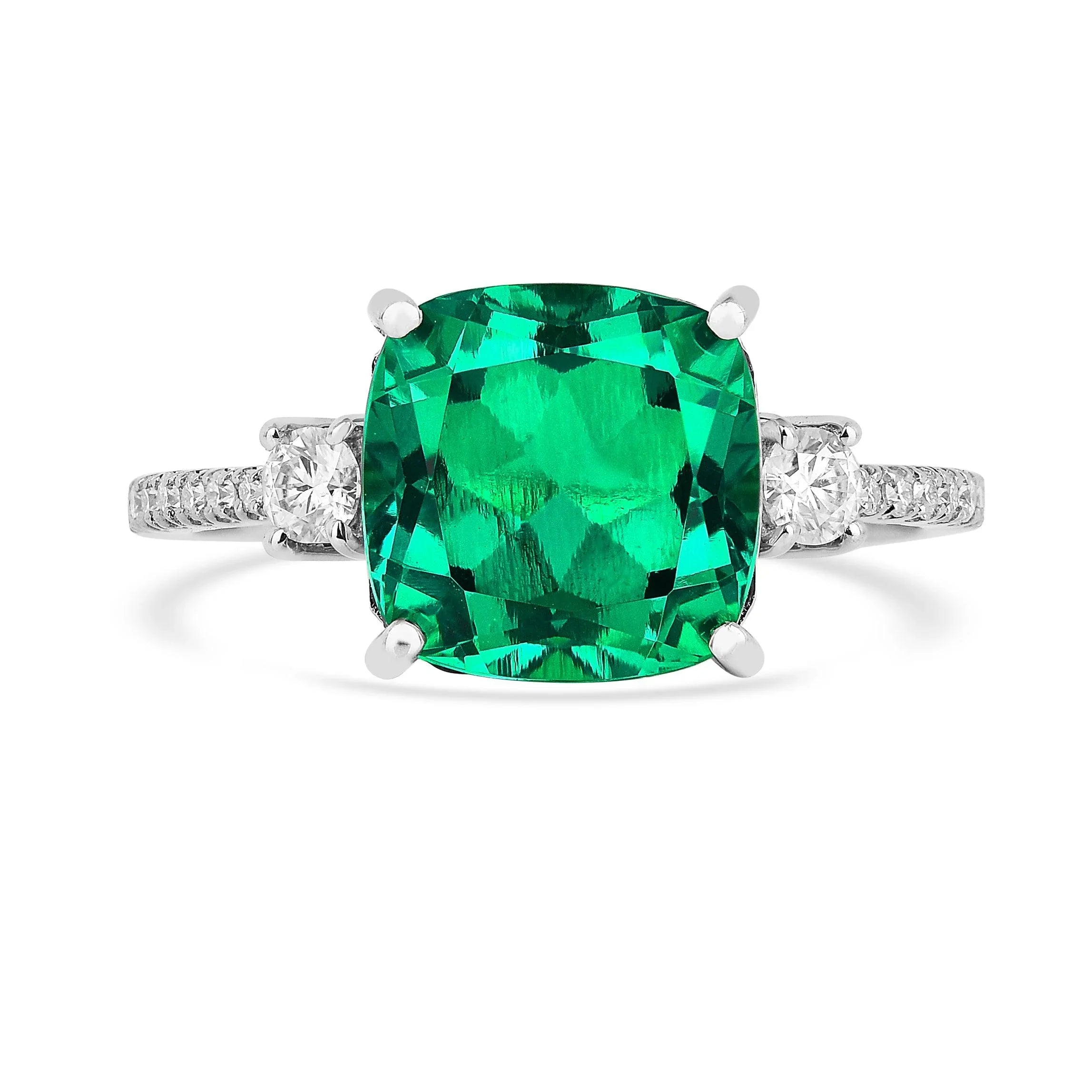 Colombian Created Emerald Three Stone Ring - Fine Diamond