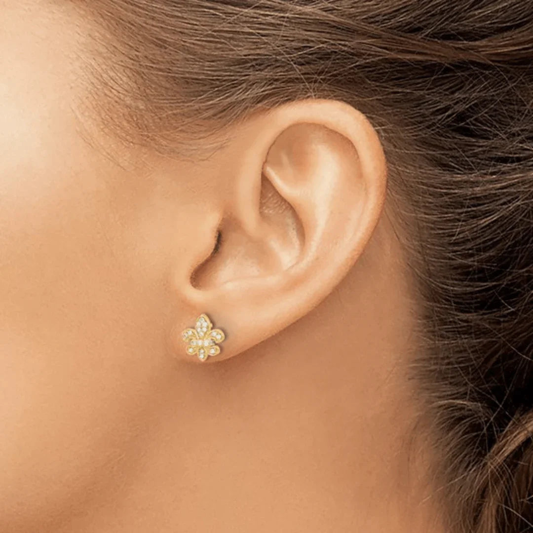 14K Gold Lab Diamond Fleur de Lis Post Earrings - Fine Diamond