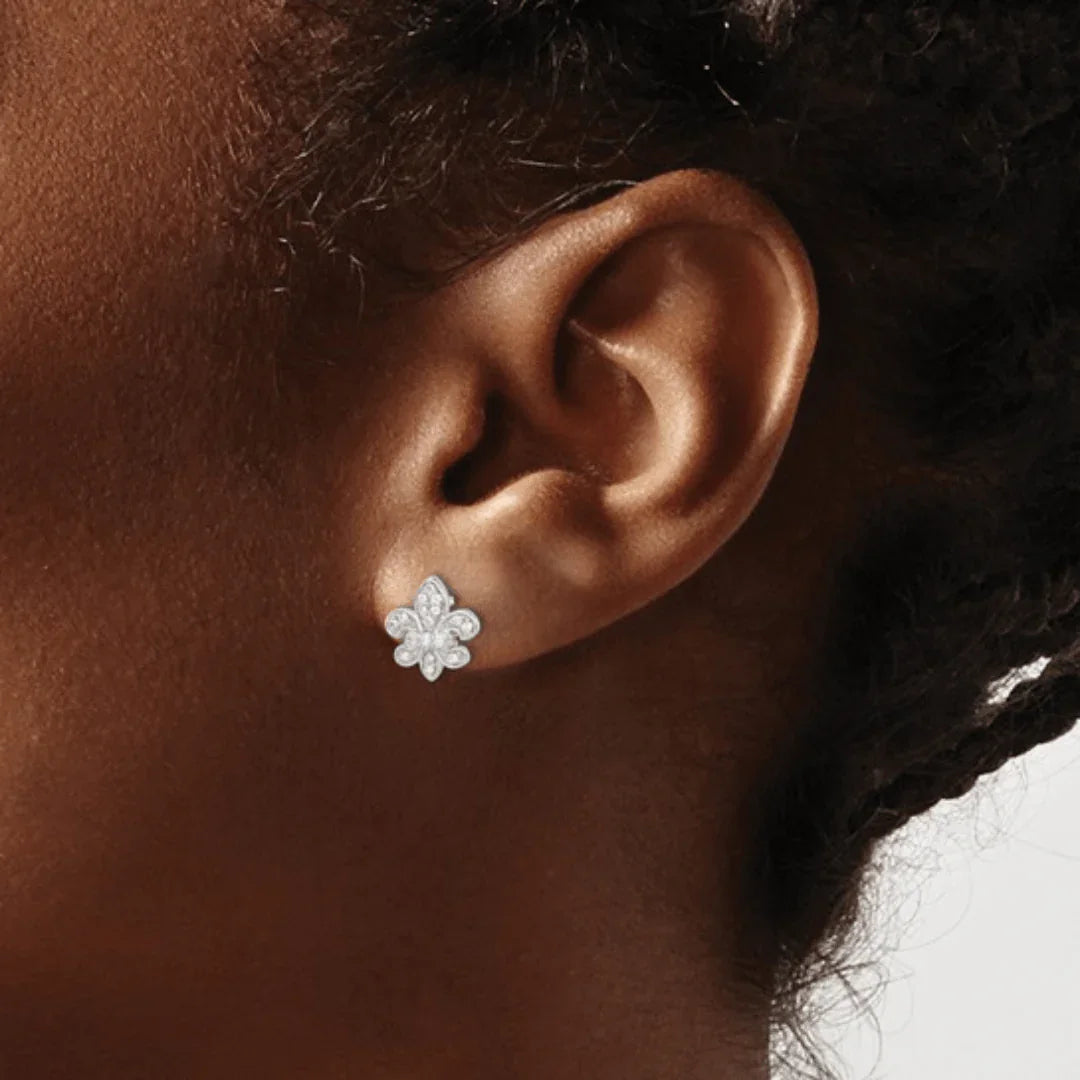 14K White Gold Lab Diamond Fleur de Lis Post Earrings - Fine Diamond