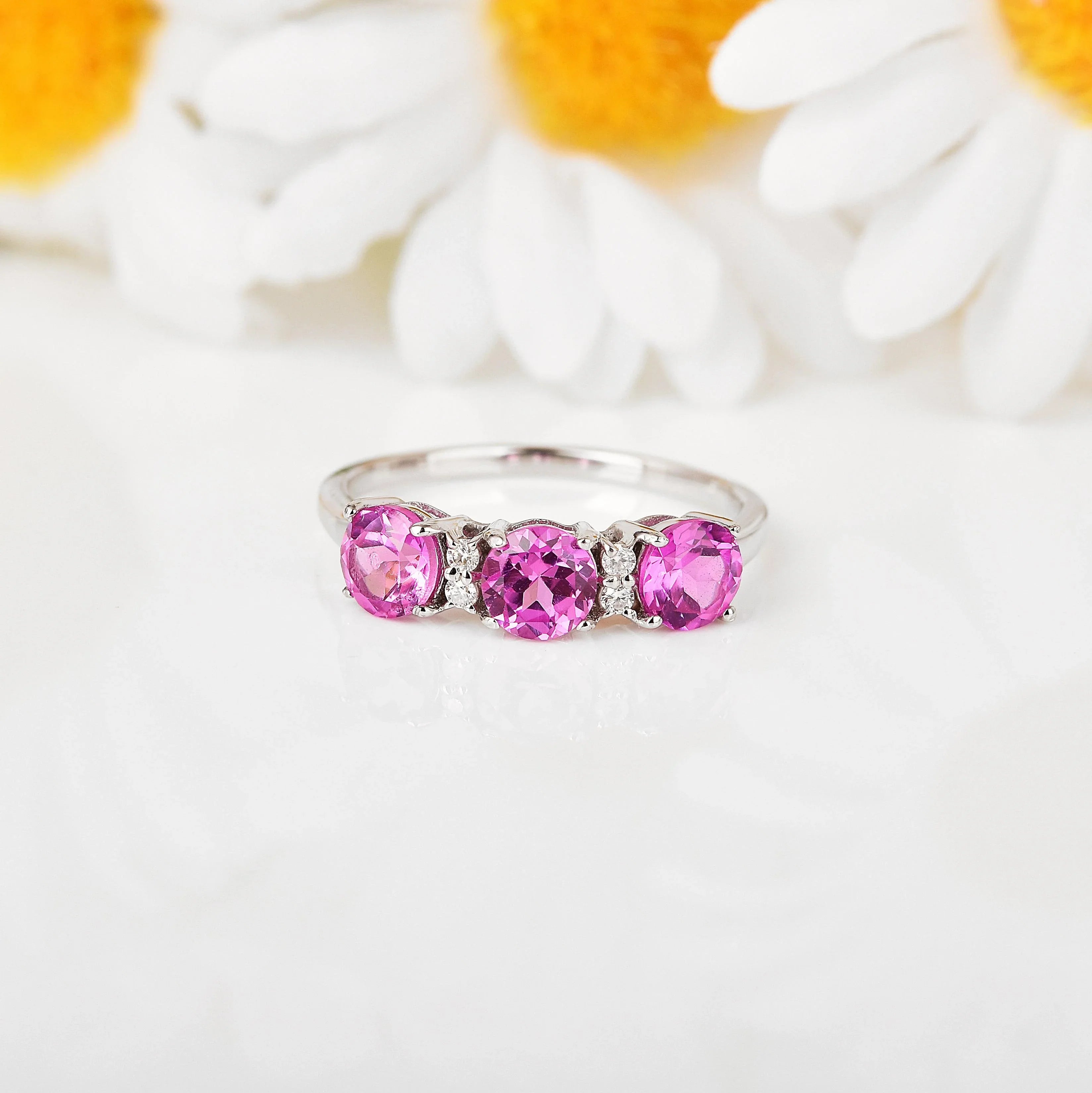 Pink Sapphire Three Stone Ring - Fine Diamond