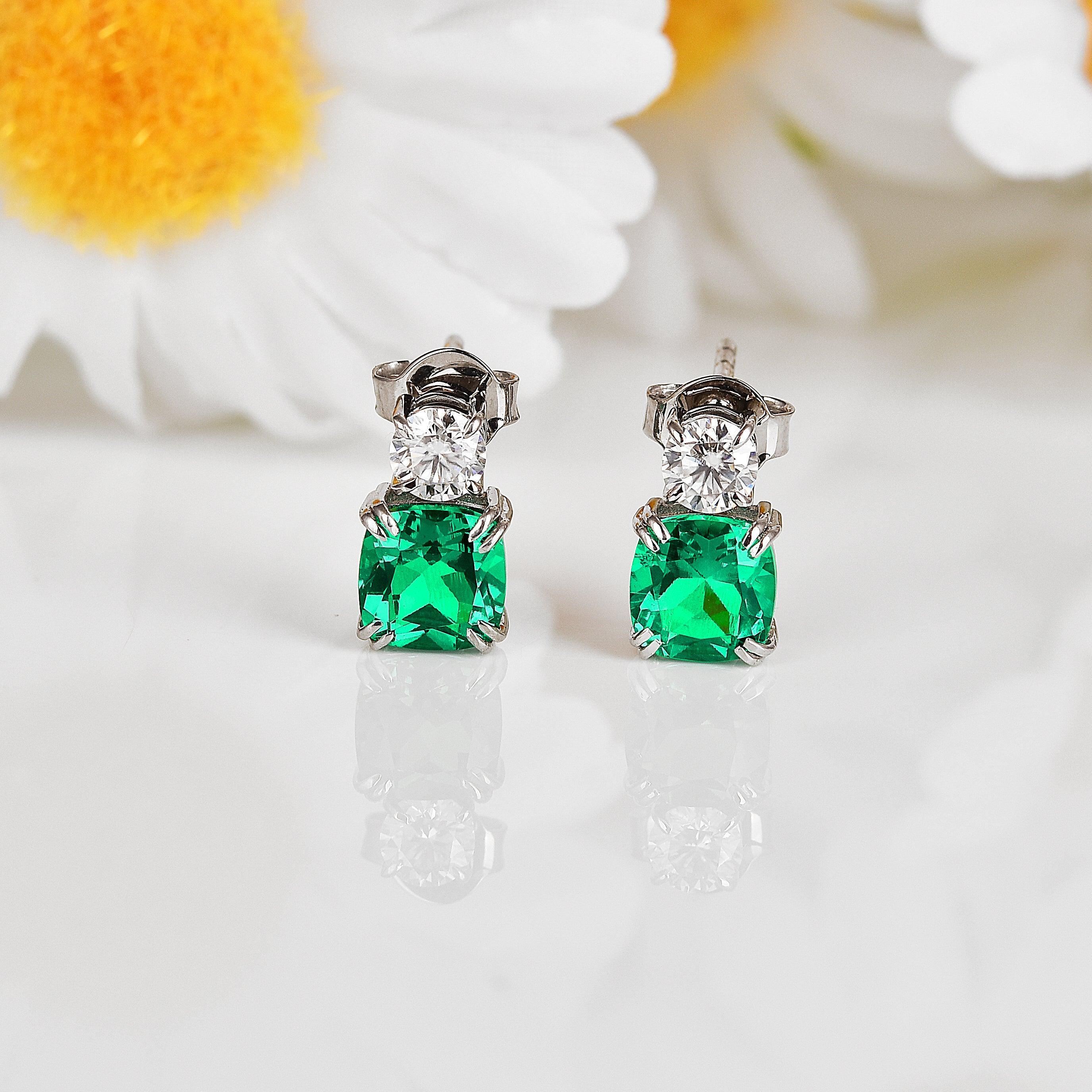 Green Colombian Created Emerald Stud Earrings - Fine Diamond
