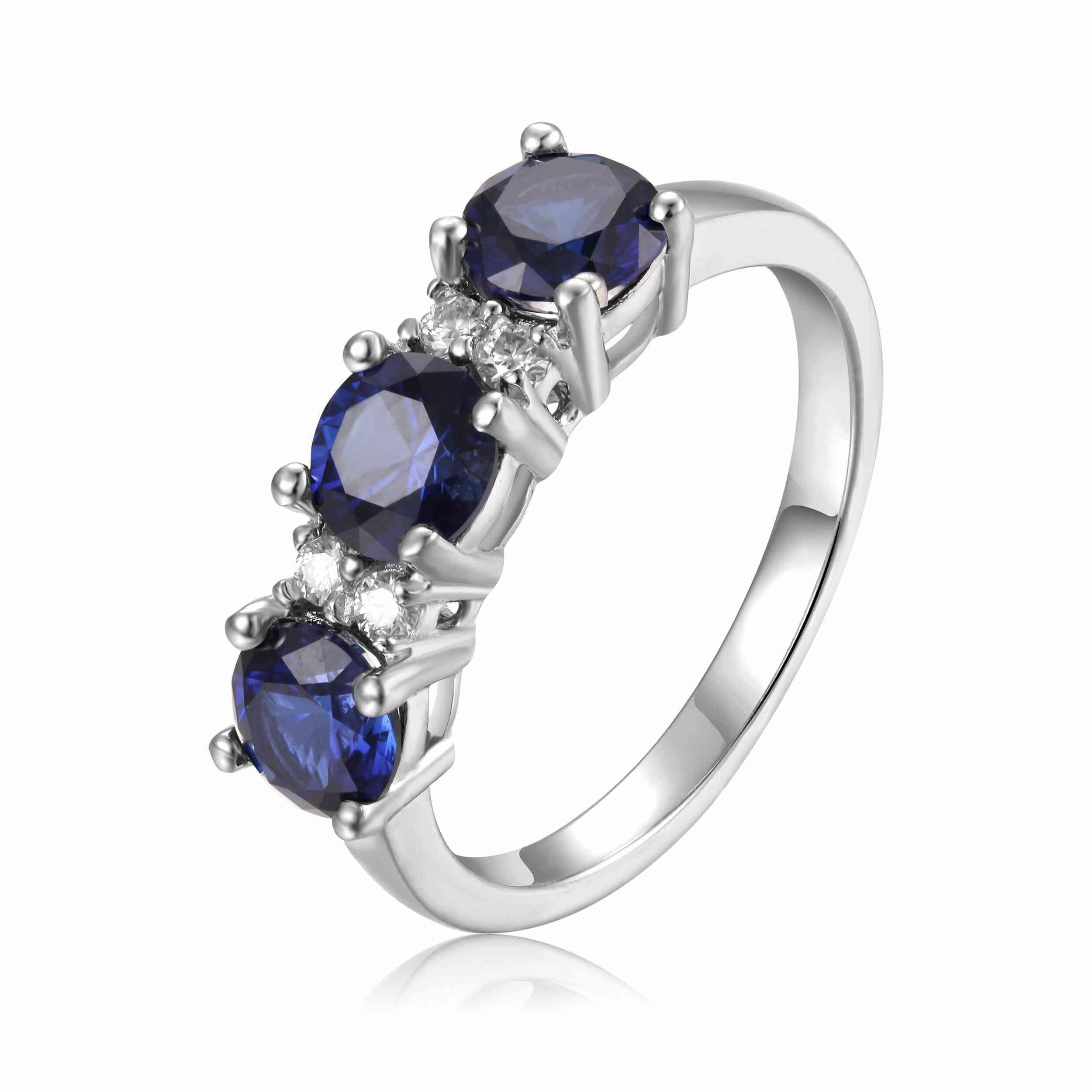 Blue Sapphire Three Stone Ring - Fine Diamond