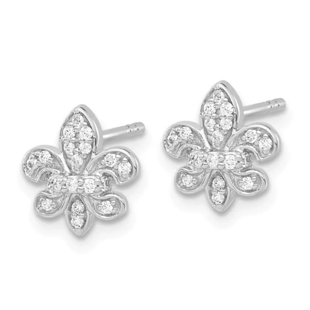 14K White Gold Lab Diamond Fleur de Lis Post Earrings - Fine Diamond