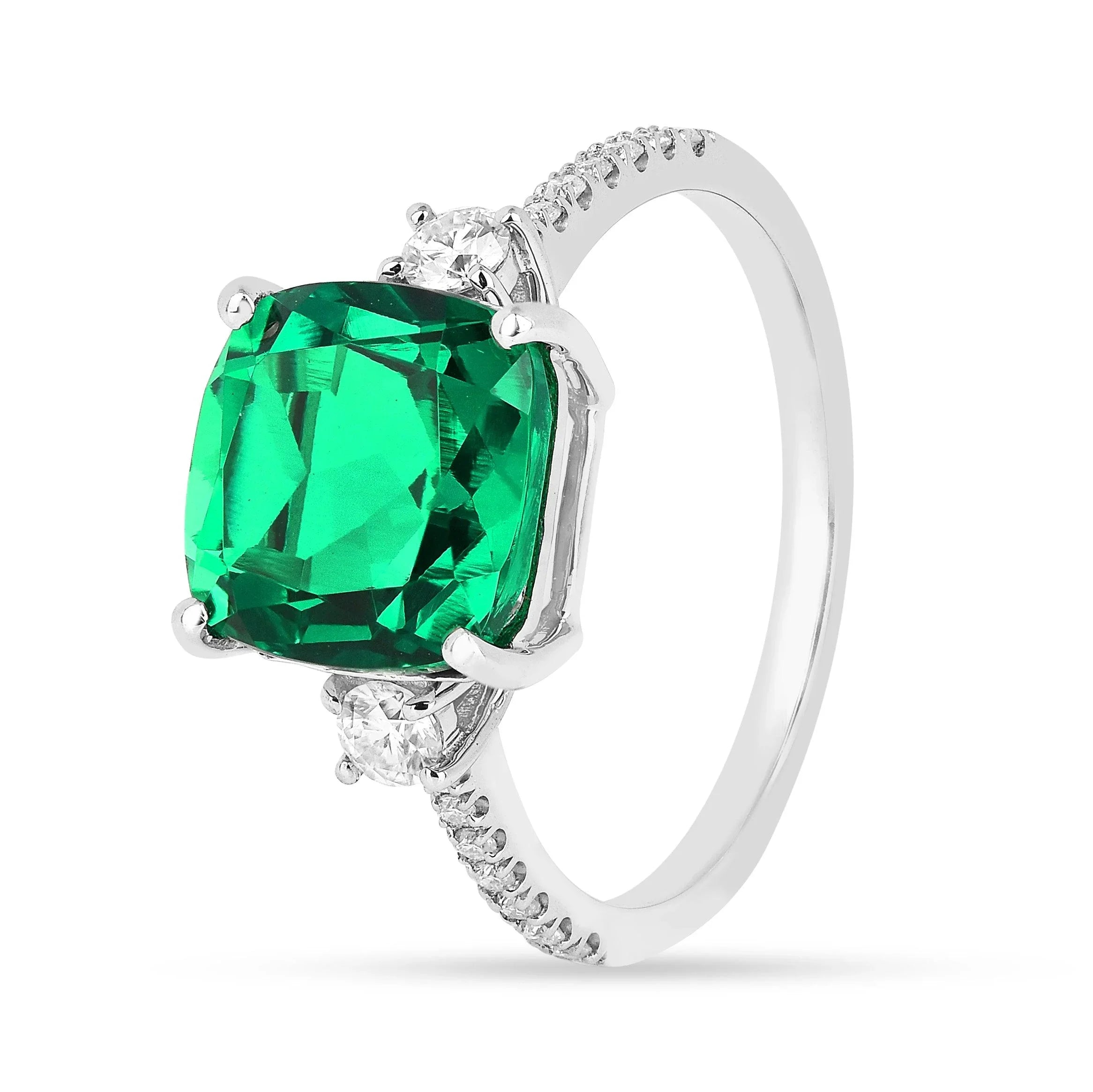 Colombian Created Emerald Three Stone Ring - Fine Diamond