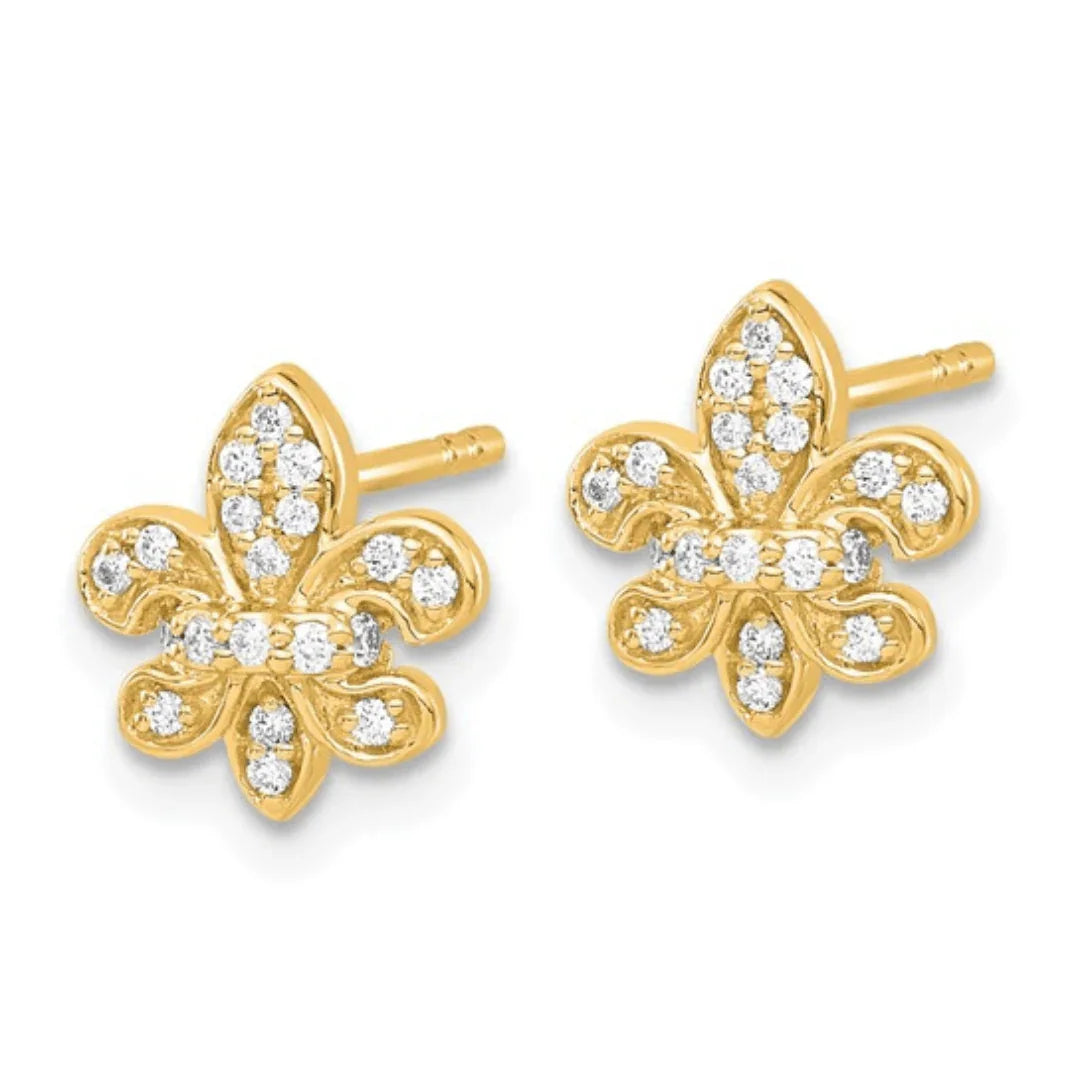 14K Gold Lab Diamond Fleur de Lis Post Earrings - Fine Diamond