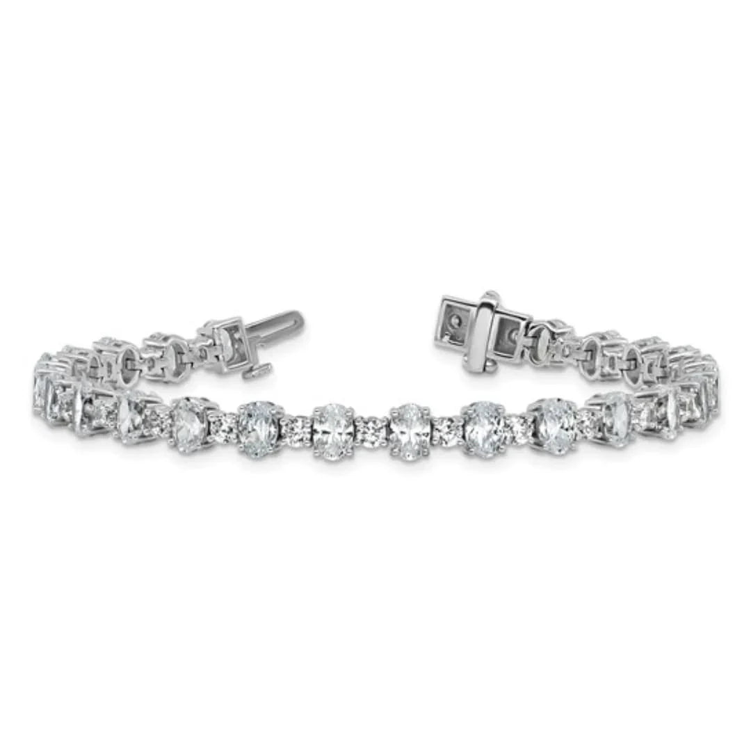 14k White Gold 11 carat Lab Diamond Round and Oval Fancy Tennis Bracelet - Fine Diamond