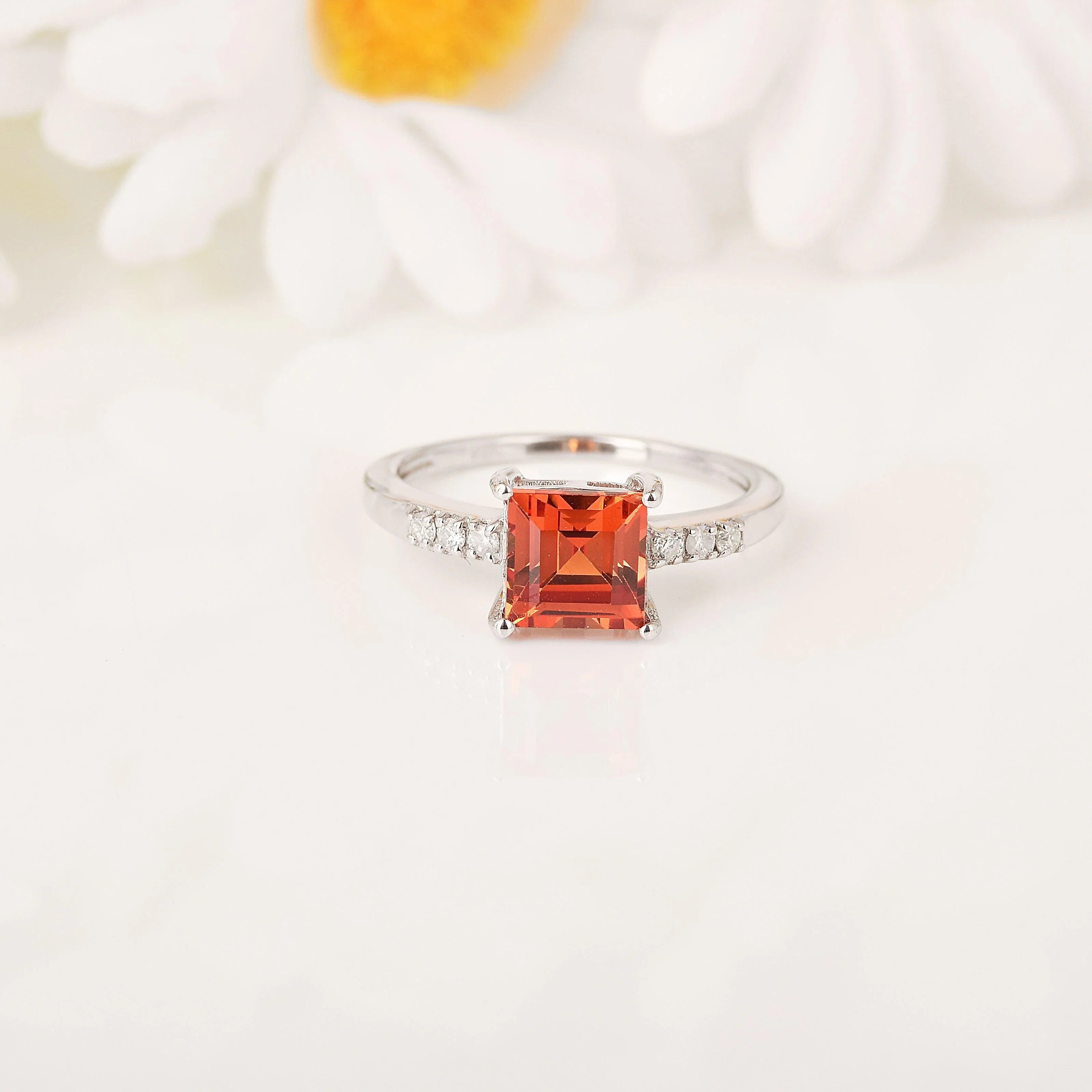Peach Sapphire Square Ring - Fine Diamond