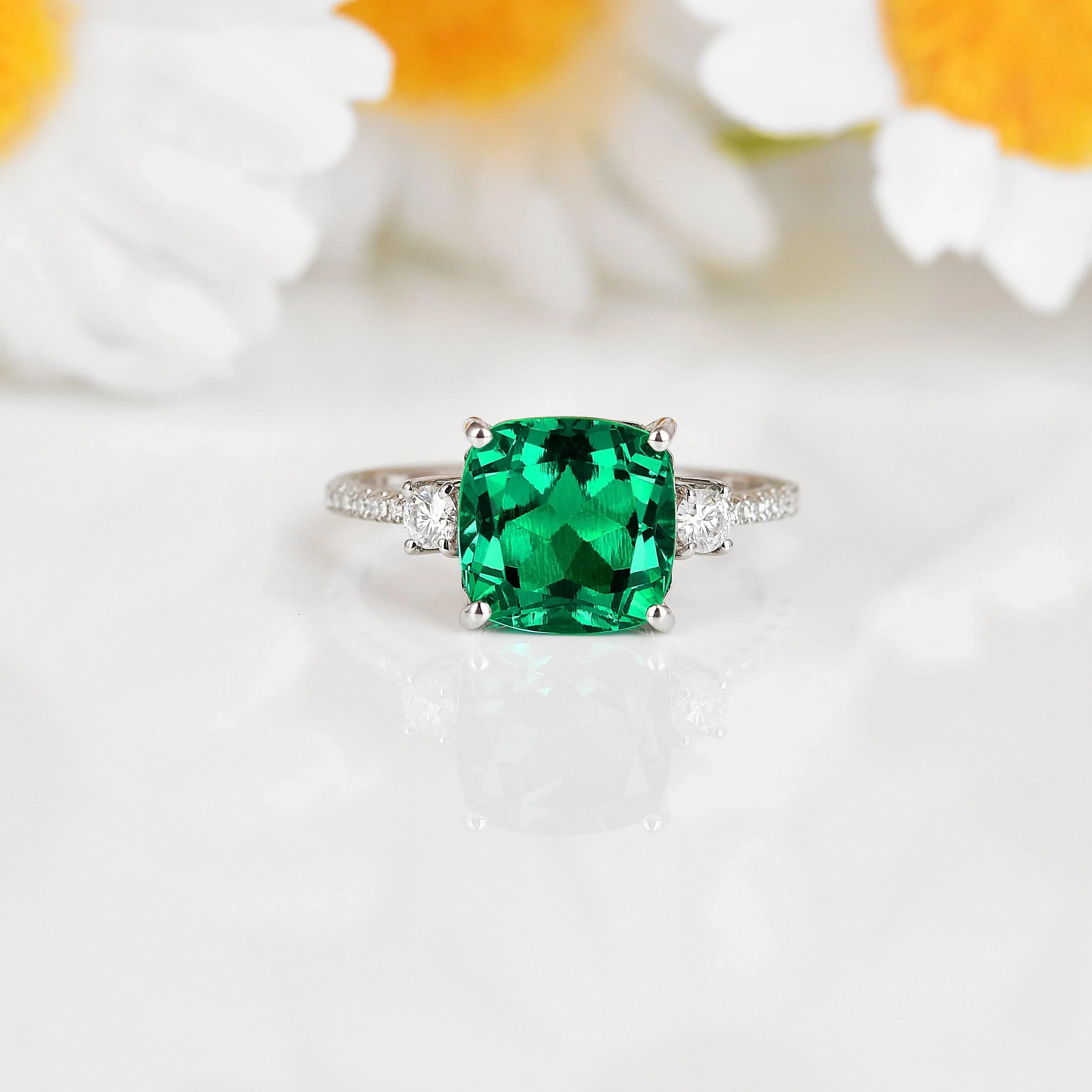 Colombian Created Emerald Three Stone Ring - Fine Diamond