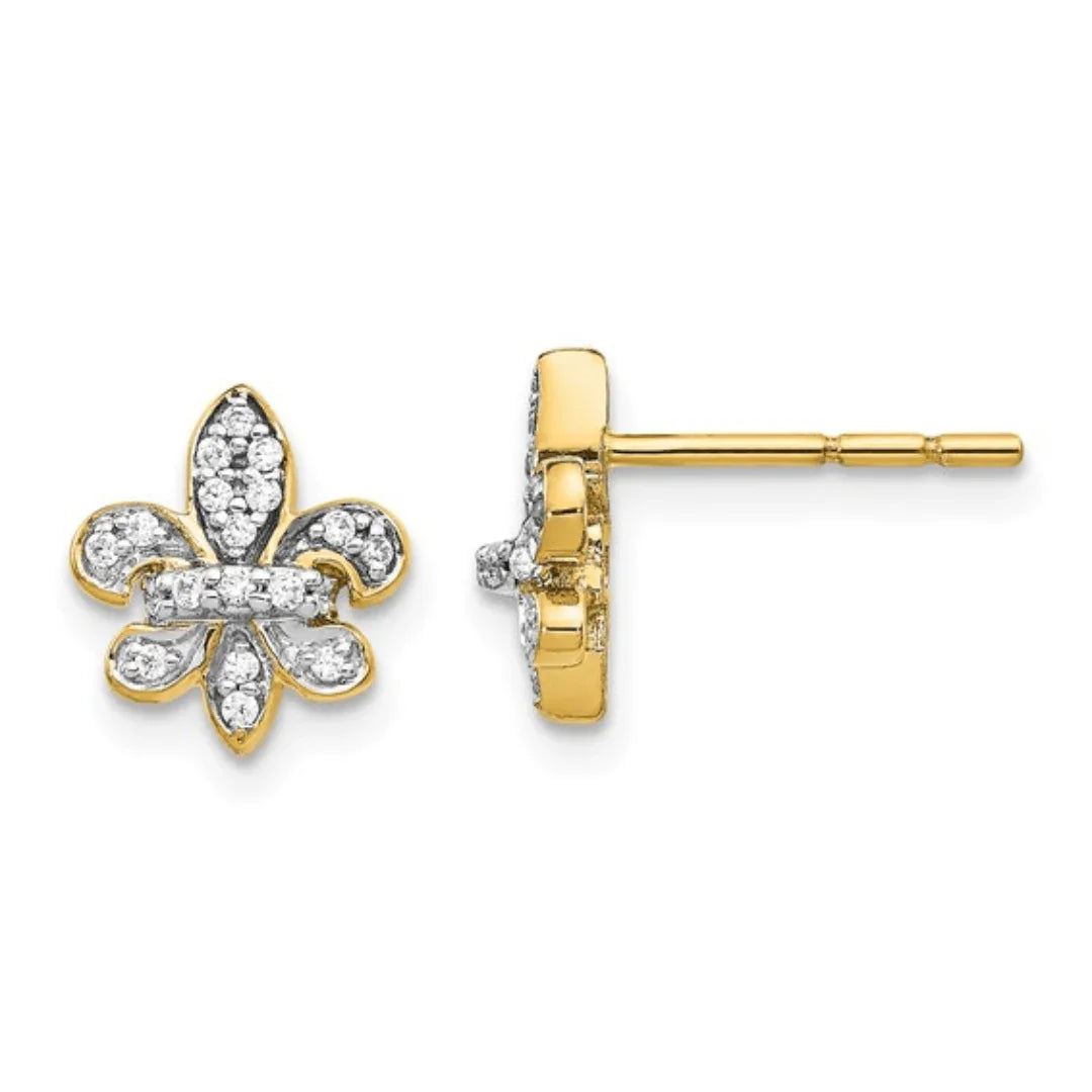 14K Gold Lab Diamond Fleur de Lis Post Earrings - Fine Diamond