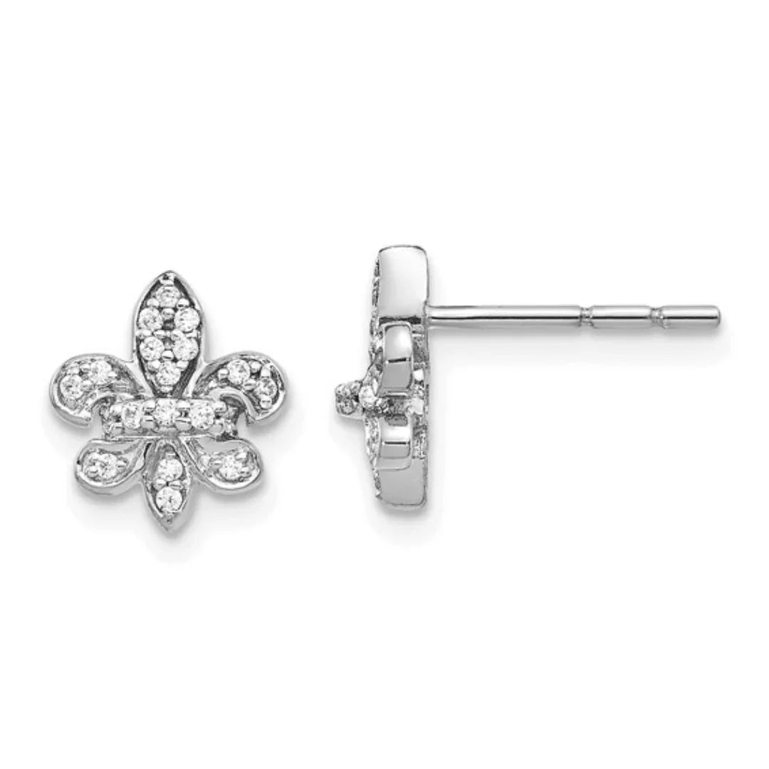 14K White Gold Lab Diamond Fleur de Lis Post Earrings - Fine Diamond