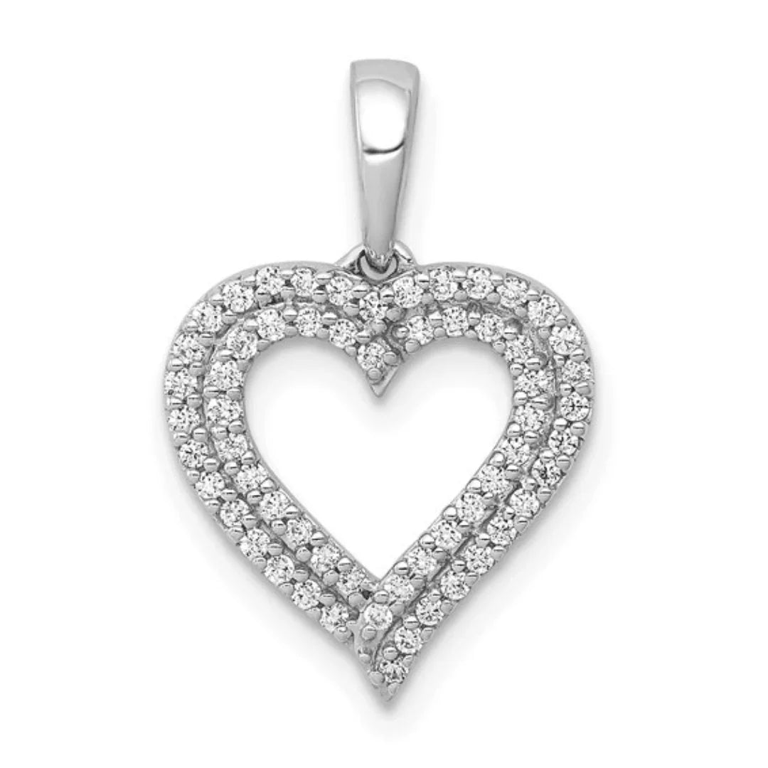 14K White Gold Diamond Two Row Heart Pendant Lab Grown - Fine Diamond