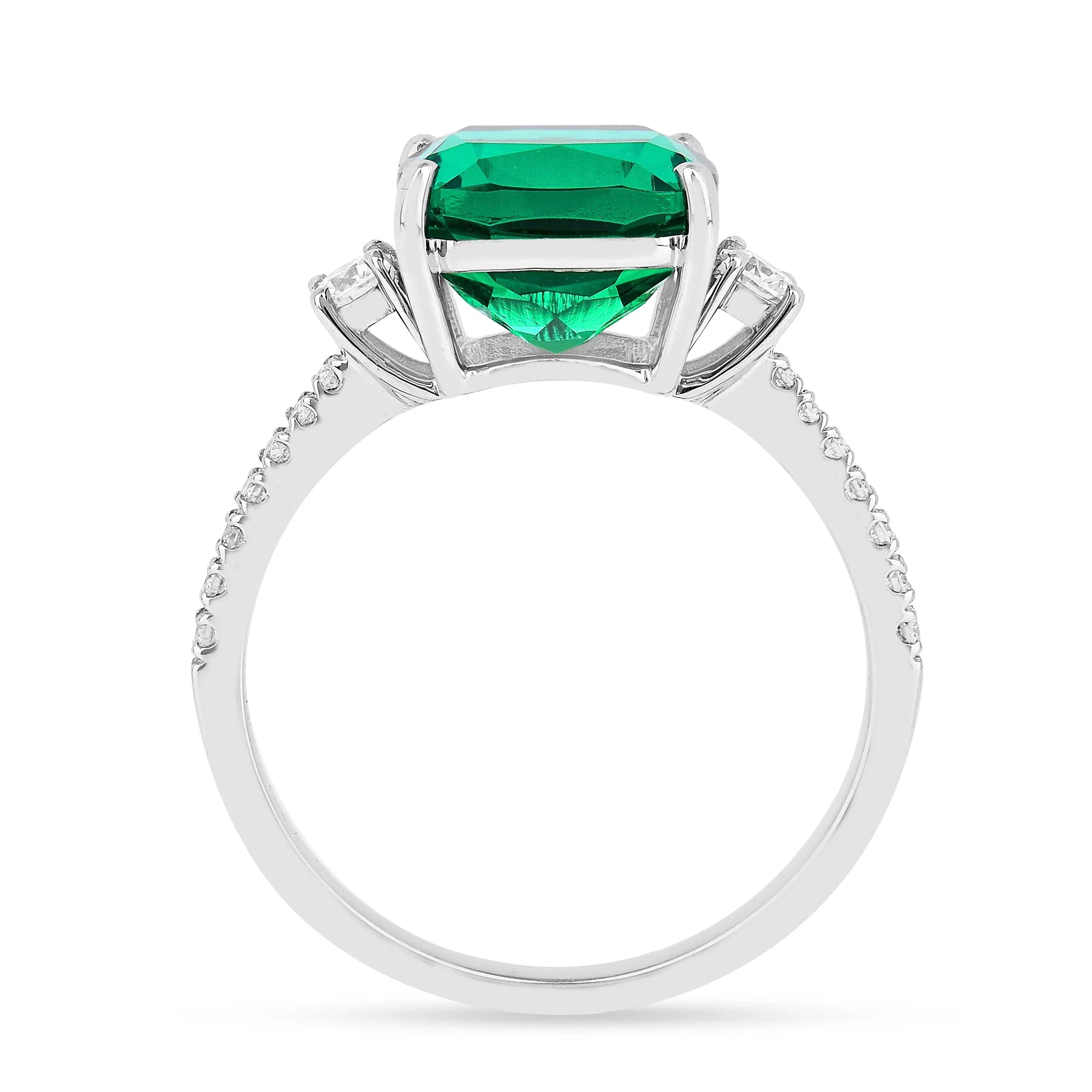 Colombian Created Emerald Three Stone Ring - Fine Diamond