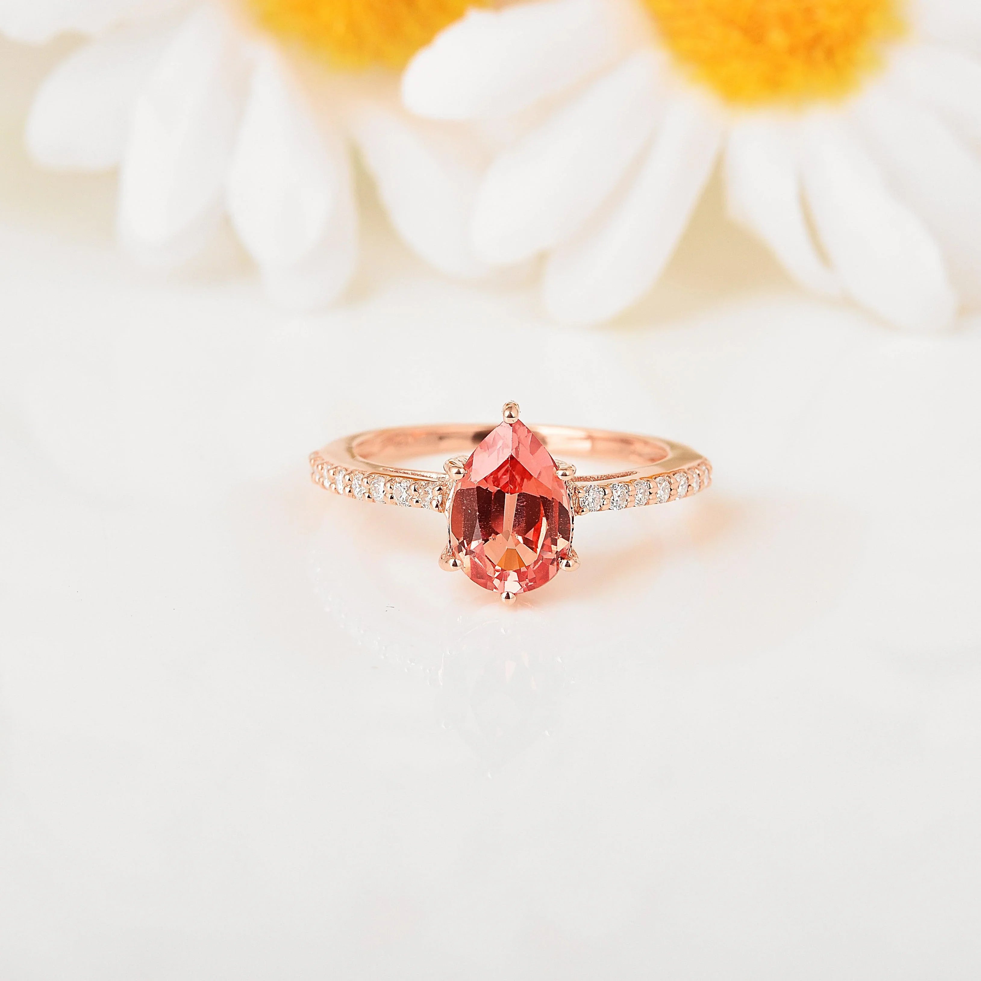 Peach Sapphire Teardrop Ring - Fine Diamond