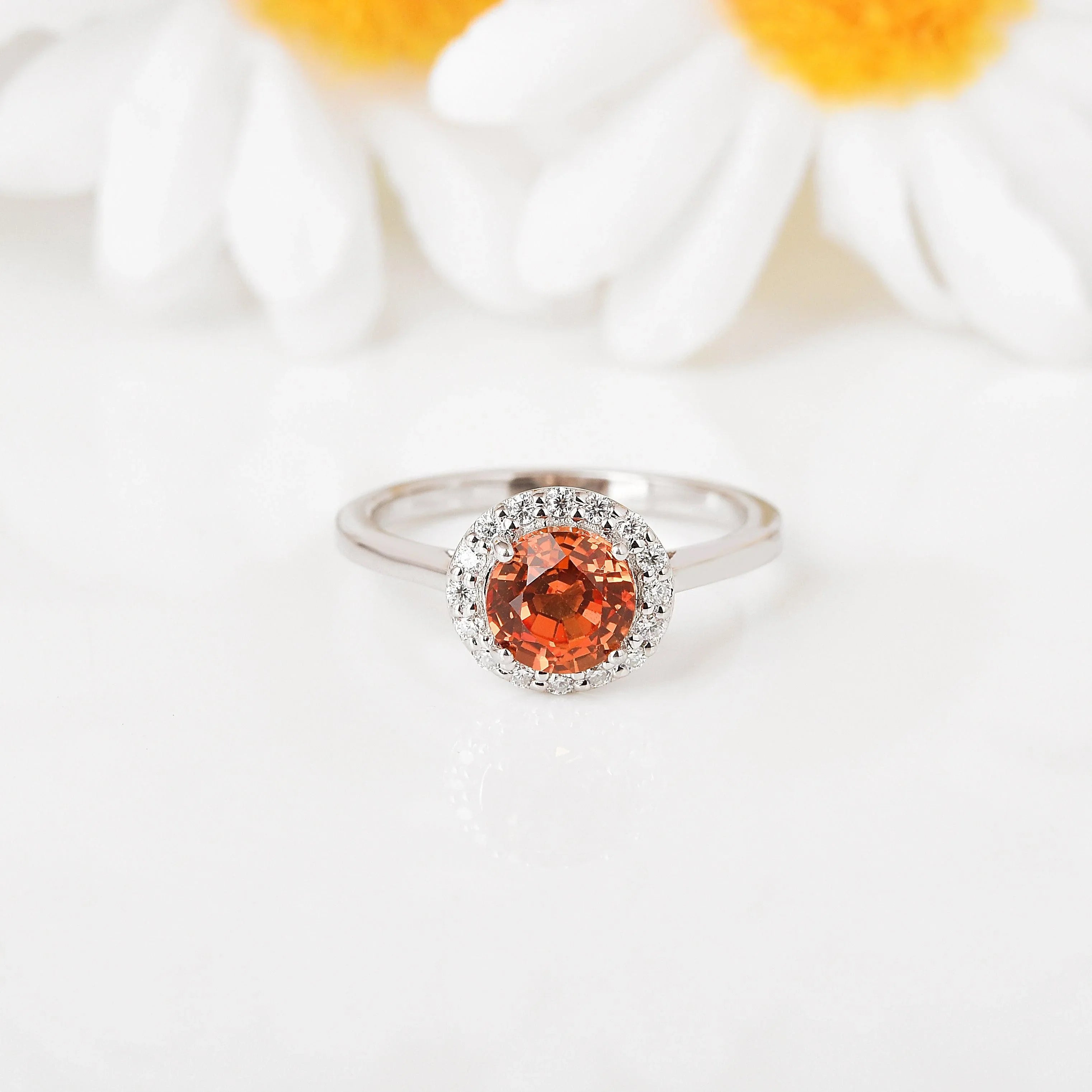 Peach Sapphire Round Halo Ring - Fine Diamond
