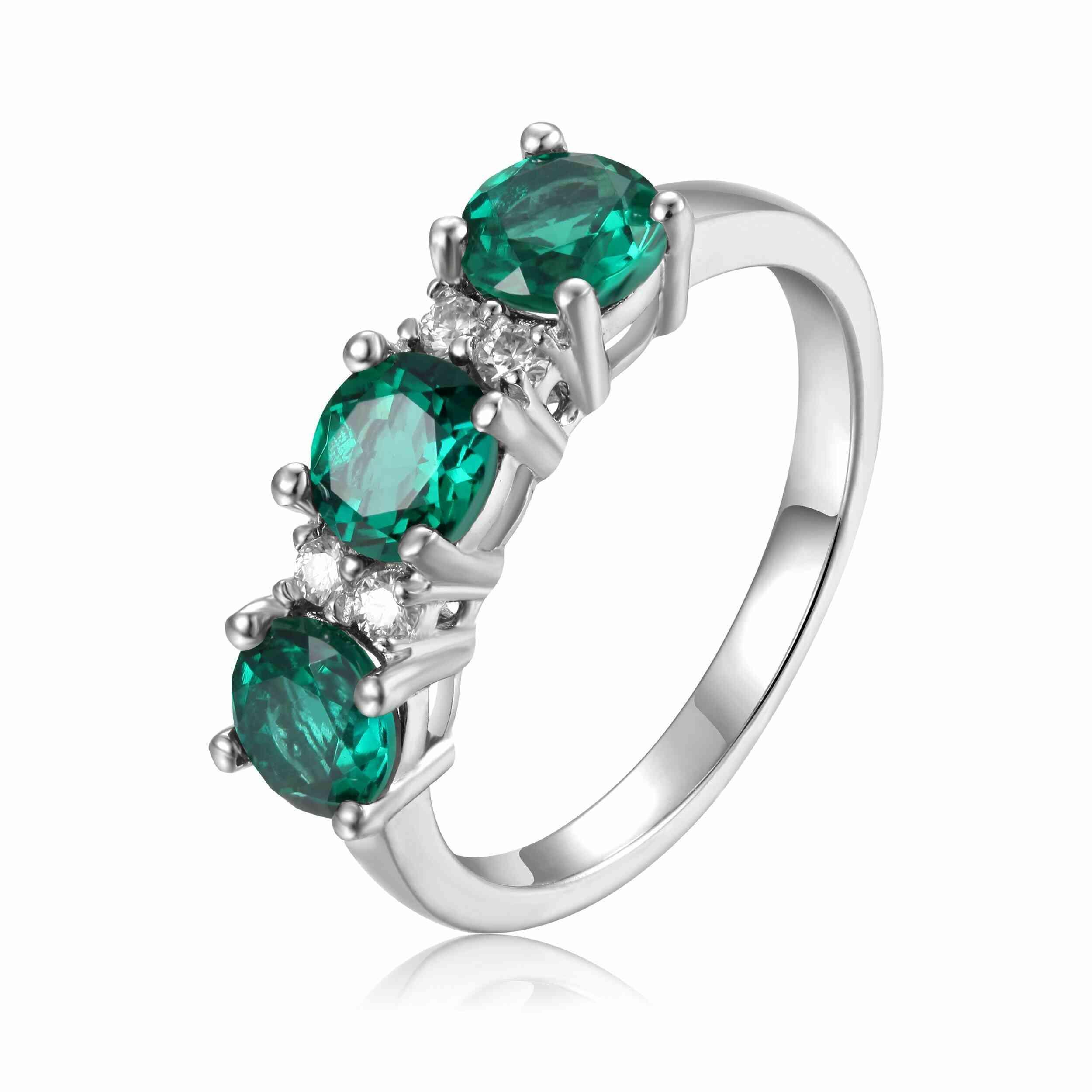 Emerald Three Stone Ring - Fine Diamond
