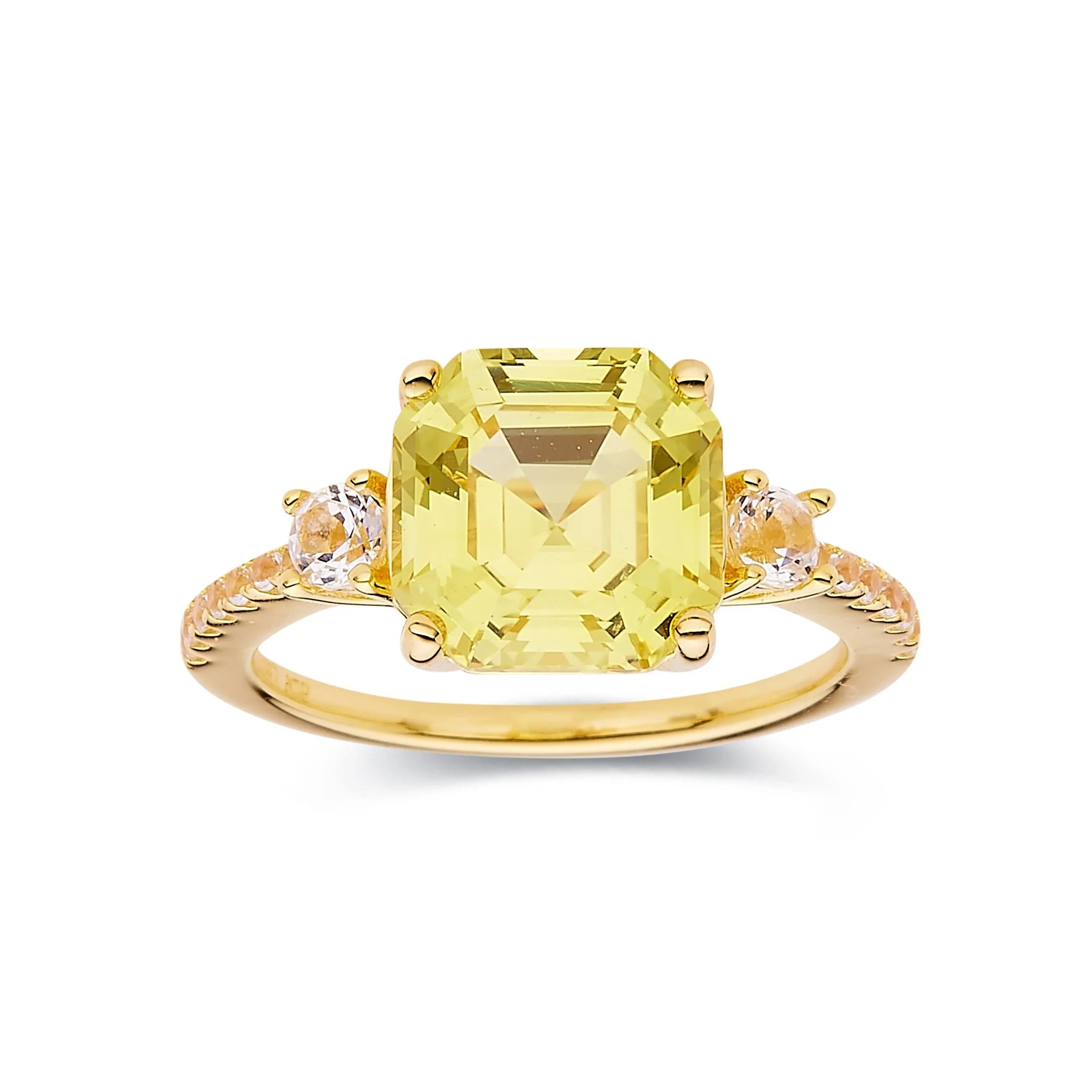 Yellow Sapphire Asscher Cut Three Stone Ring - Fine Diamond
