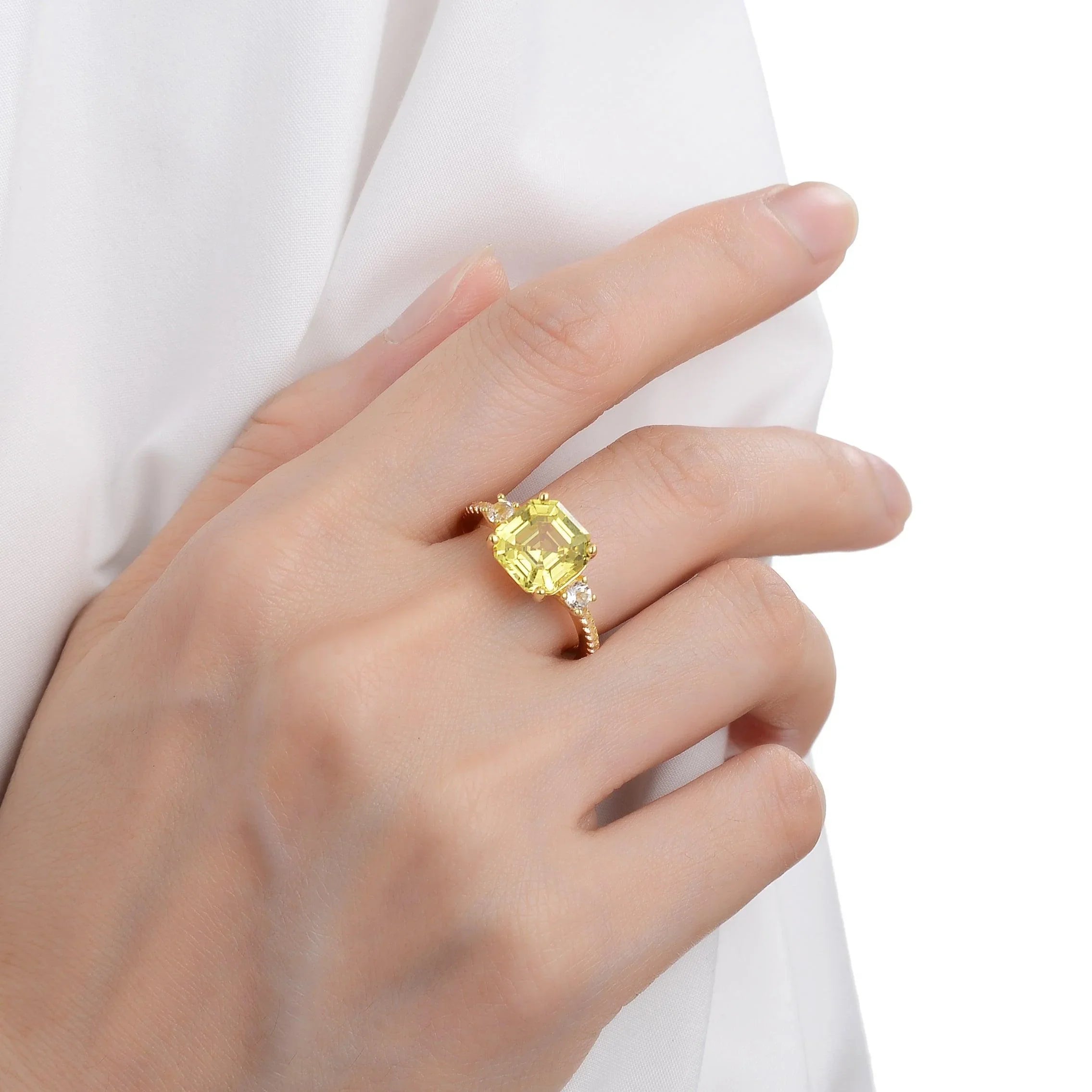 Yellow Sapphire Asscher Cut Three Stone Ring - Fine Diamond