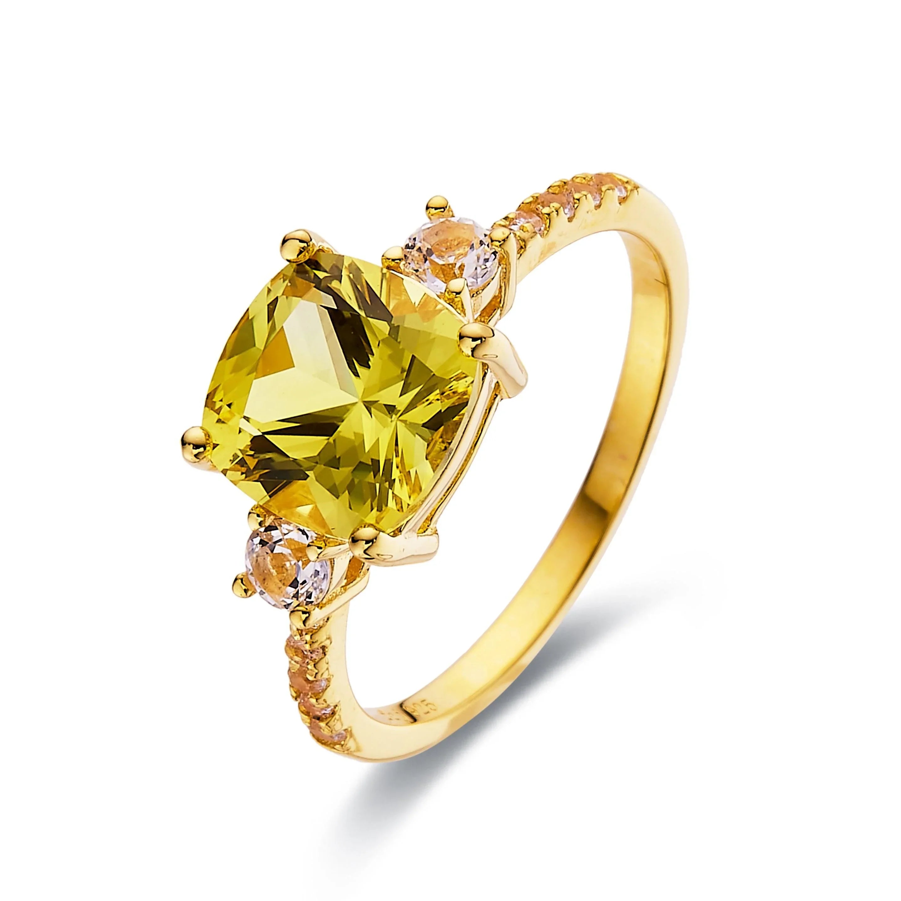 Yellow Sapphire Cushion Three Stone Ring - Fine Diamond