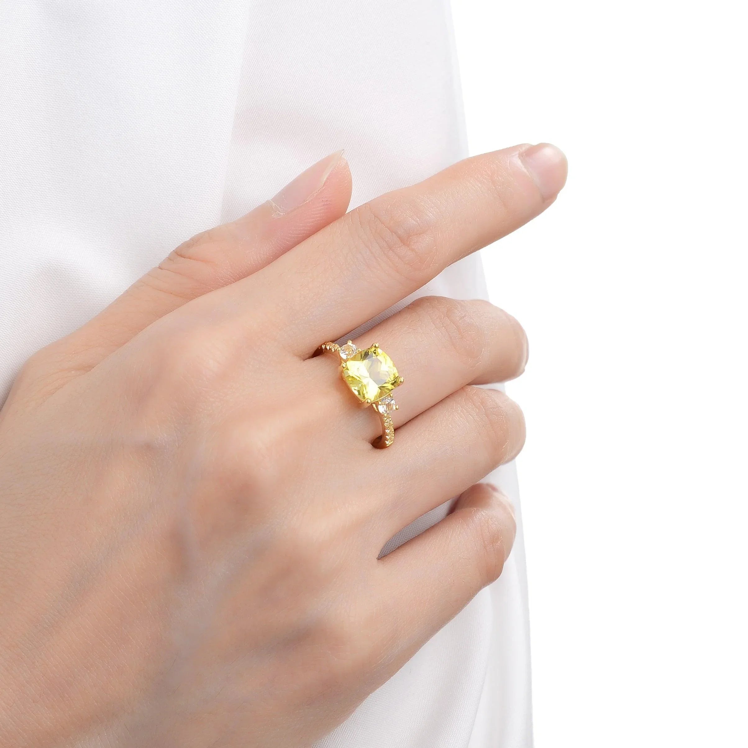 Yellow Sapphire Cushion Three Stone Ring - Fine Diamond