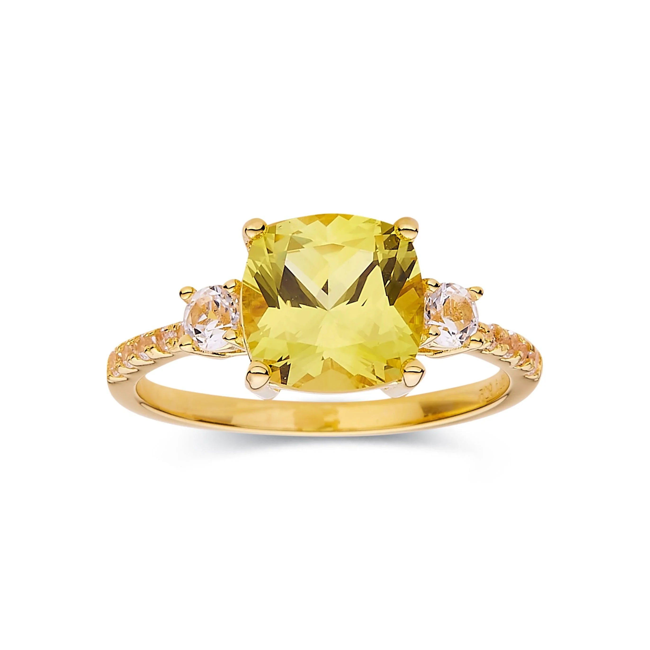 Yellow Sapphire Cushion Three Stone Ring - Fine Diamond