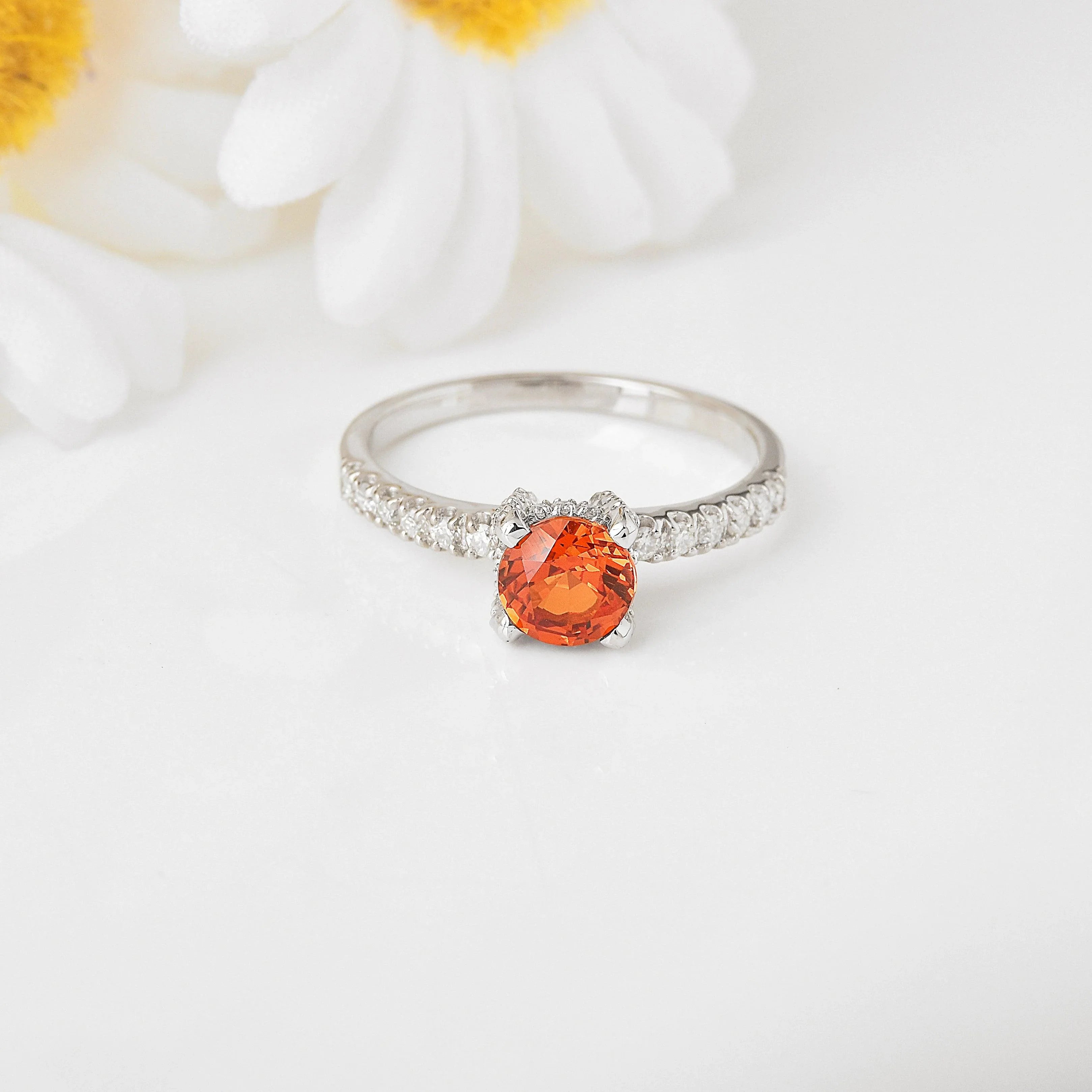 Round Peach Sapphire Solitaire Ring - Fine Diamond
