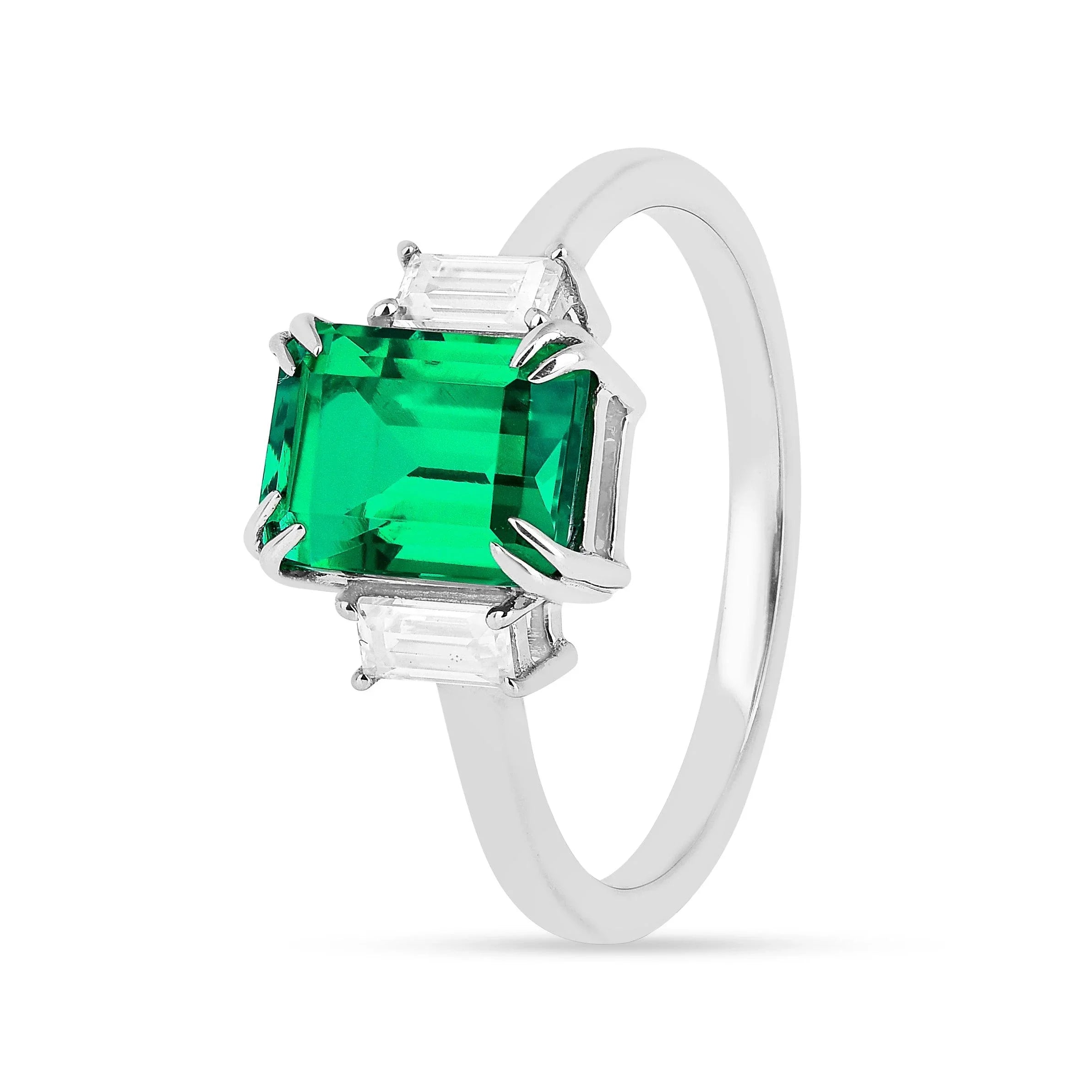 Colombian Created Emerald Three Stone Ring - Fine Diamond