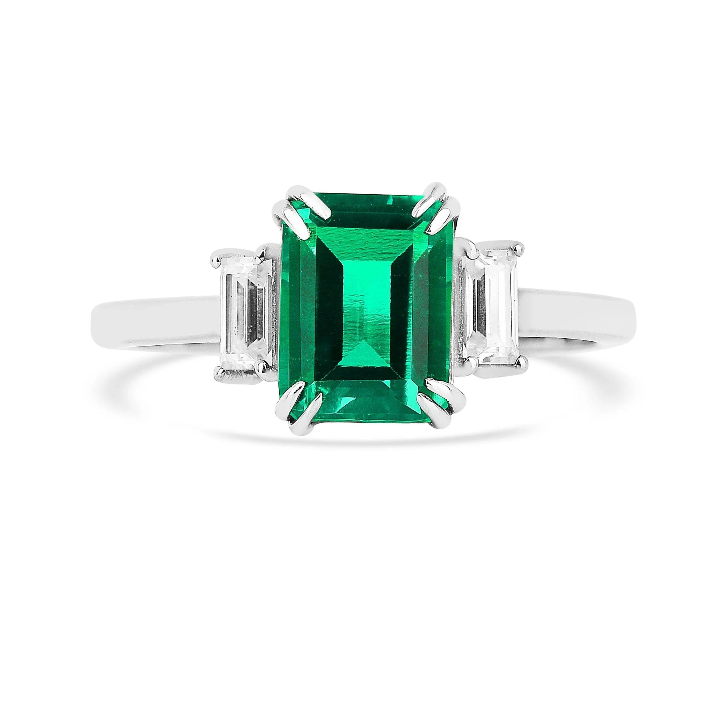 Colombian Created Emerald Three Stone Ring - Fine Diamond