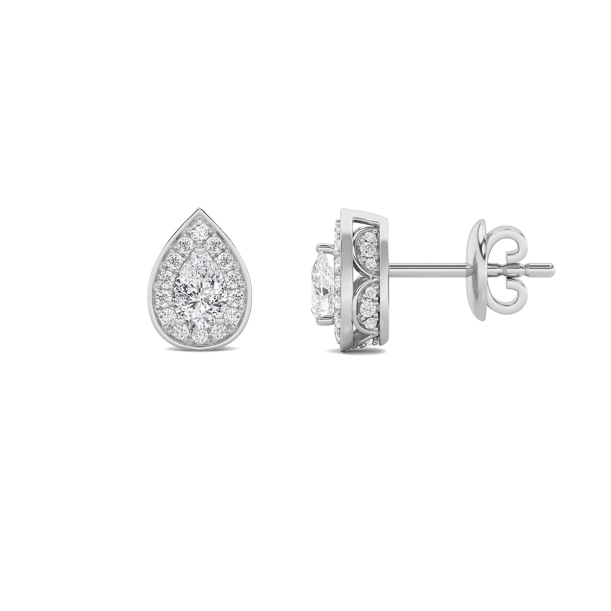 Pear Shaped Lab Grown Diamond (F/VVS) Halo Stud Earrings in 14K Gold