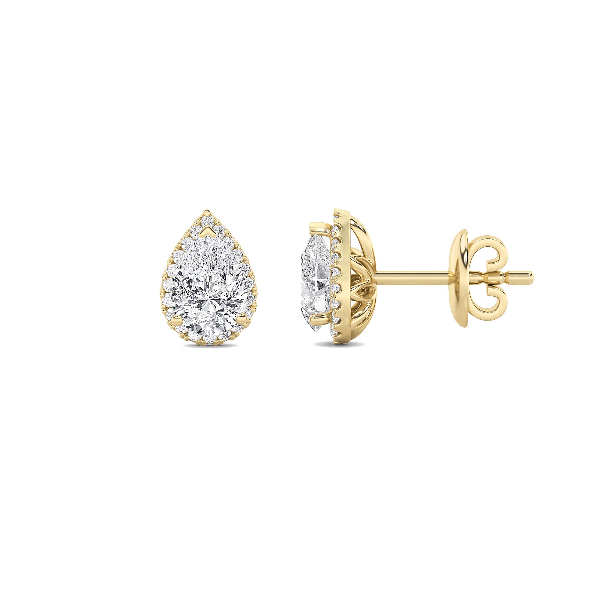 1Cttw Pear Shaped Lab Grown Diamond (F/VVS) Halo Stud Earrings in 14K Gold