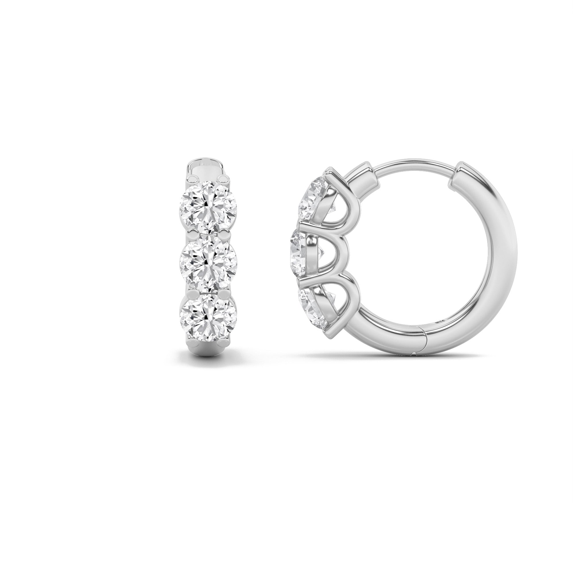 2Cttw Round Shaped Lab Grown Diamond (F/VS) ThreeStone Huggie Earrings in 14K Gold